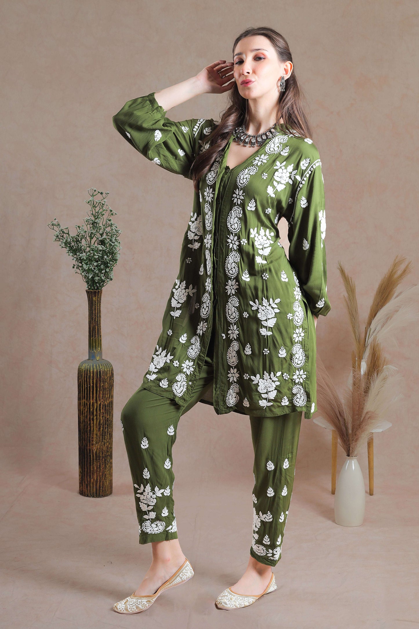 Heena Green Co-ord Set fully Chikankari Embroidered