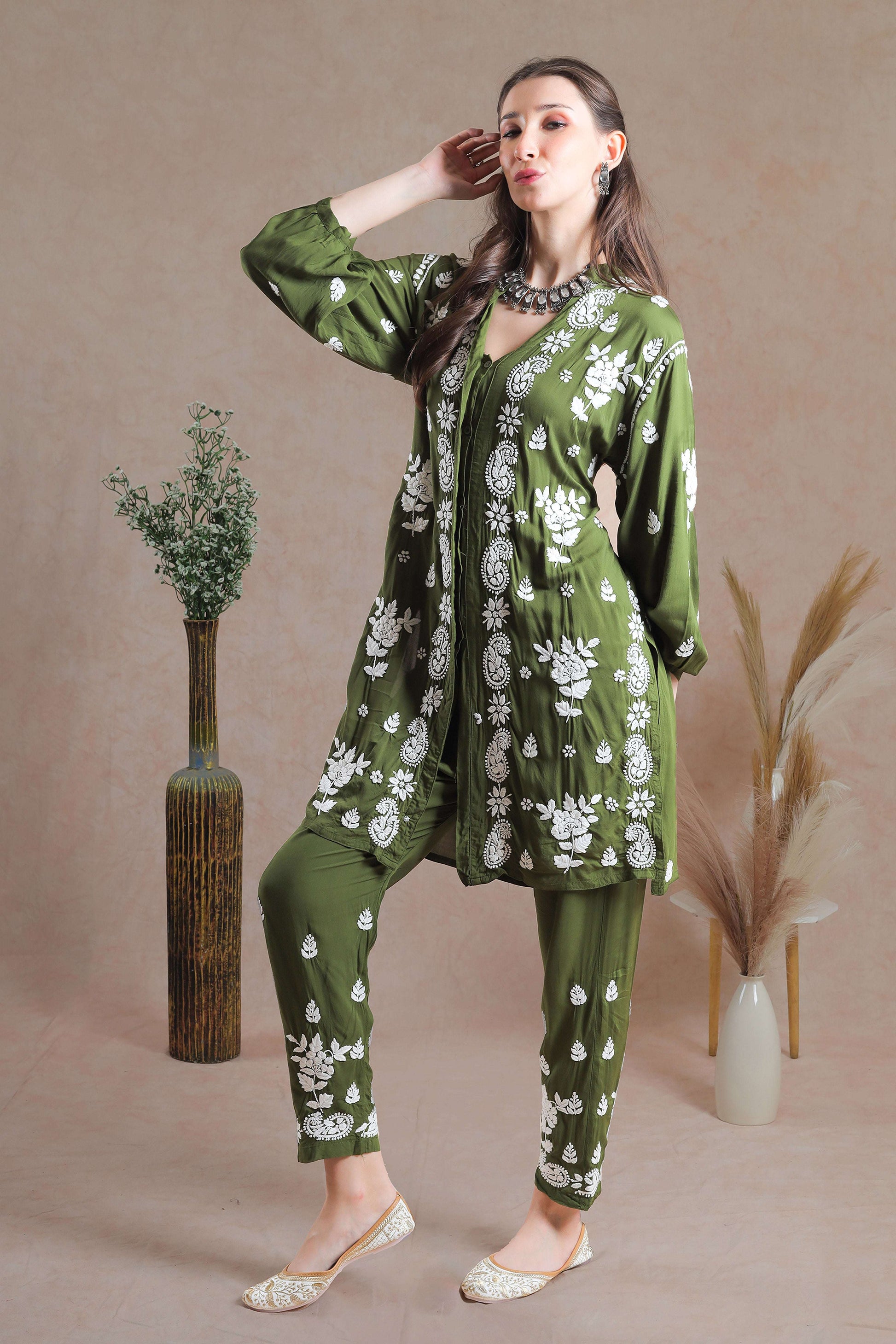 Heena Green Co-ord Set fully Chikankari Embroidered