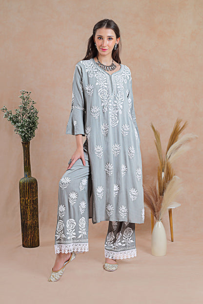 Chikankari grey kurta set, with elegant
hand embroidery.