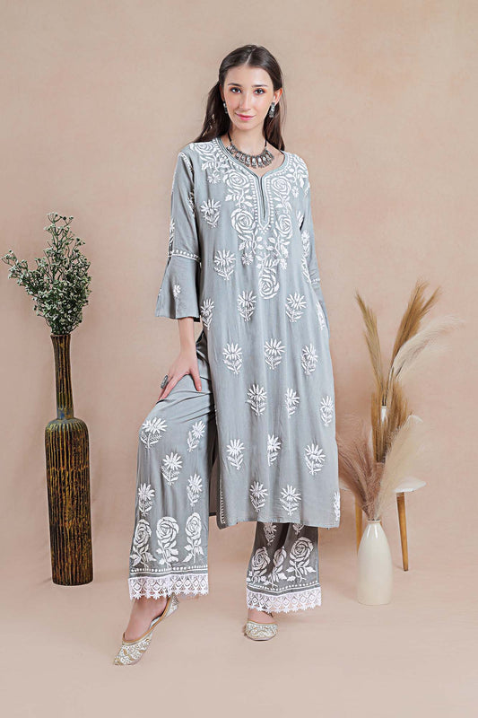 Mist grey rose motif Chikankari kurta set