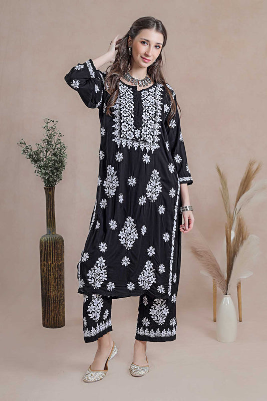 Chikankari tree motif  charcoal black color kurta pant set