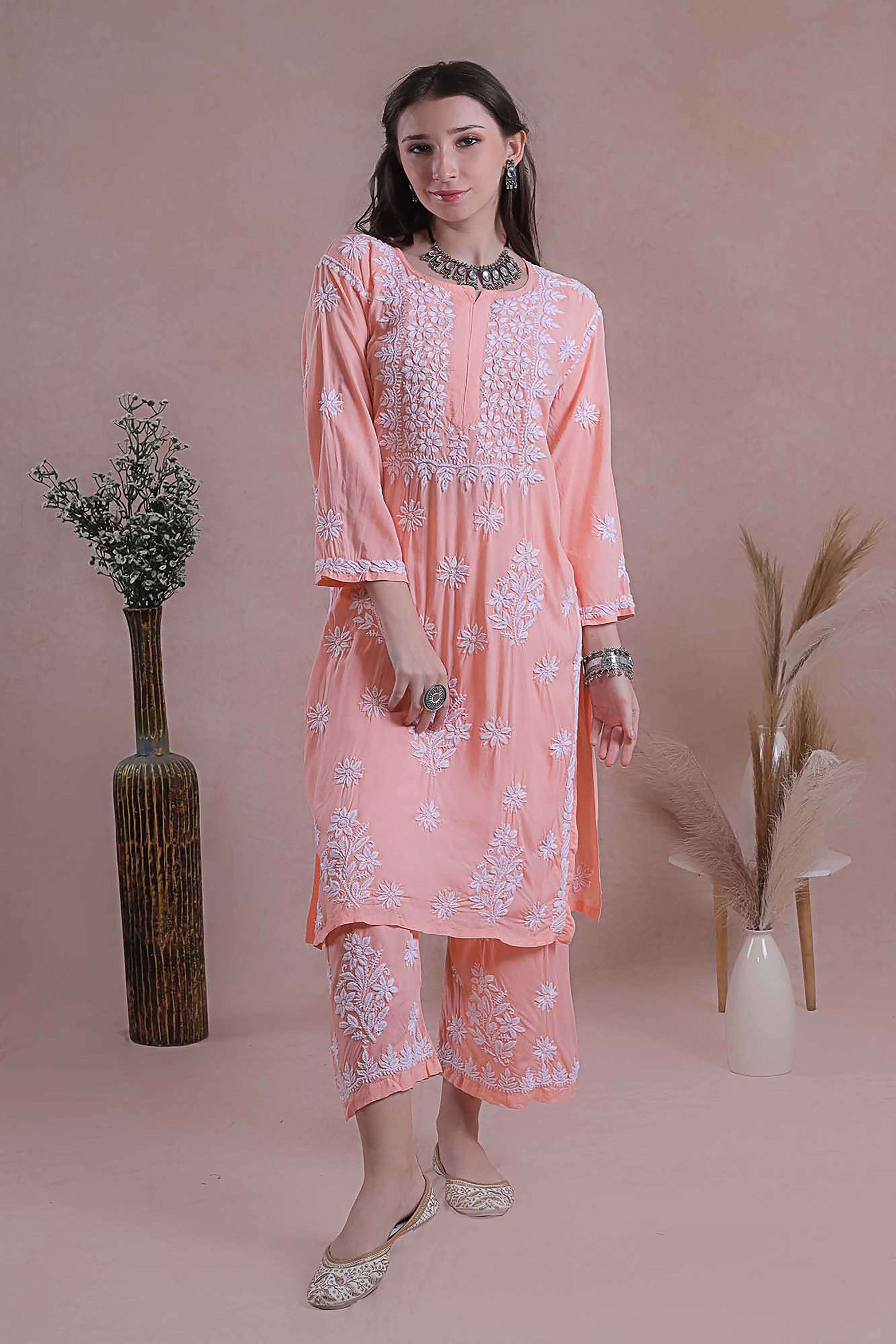 hand-embroidered Chikankari peach kurta set
