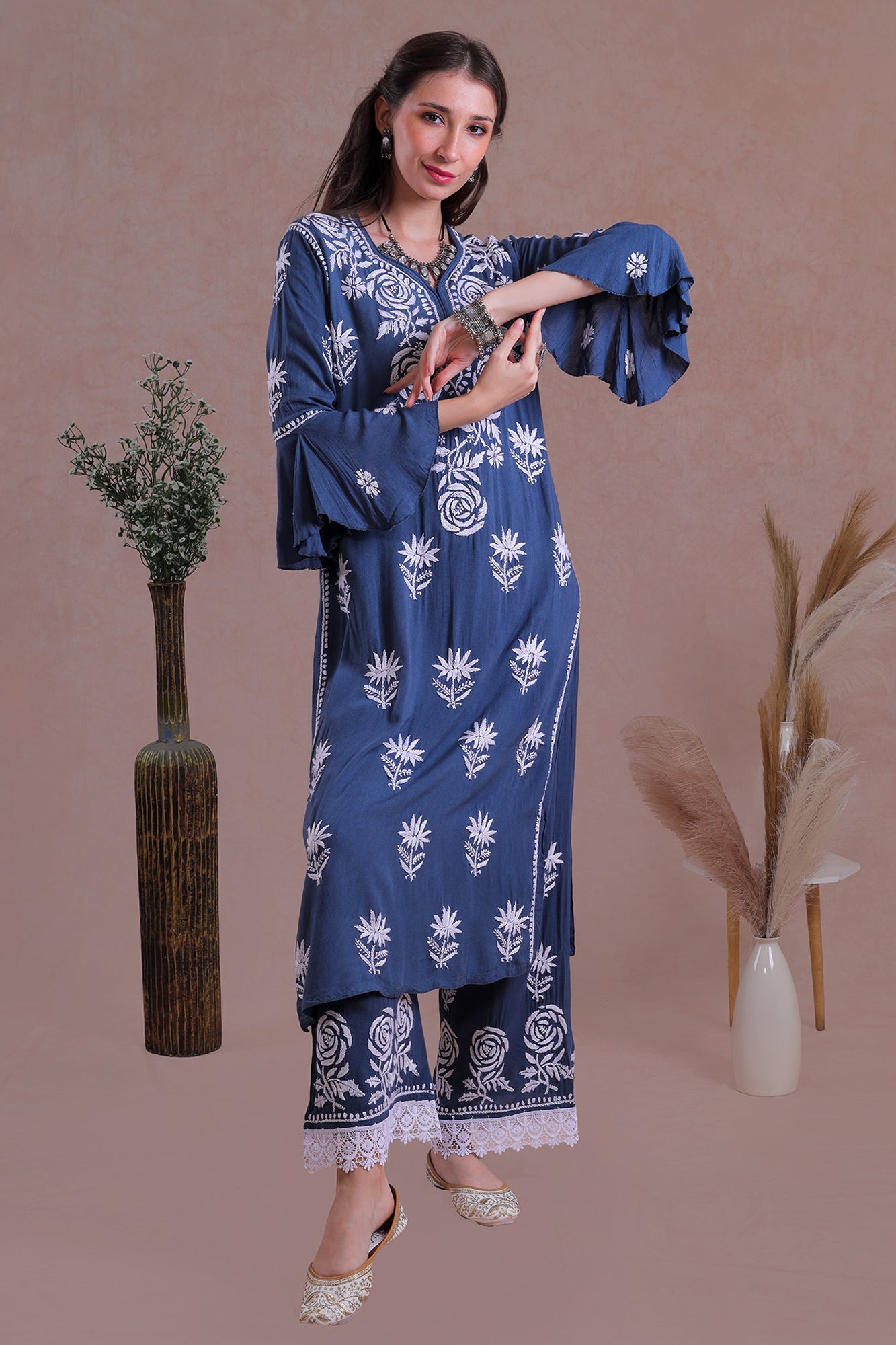 Electric blue rose motif Chikankari kurta set