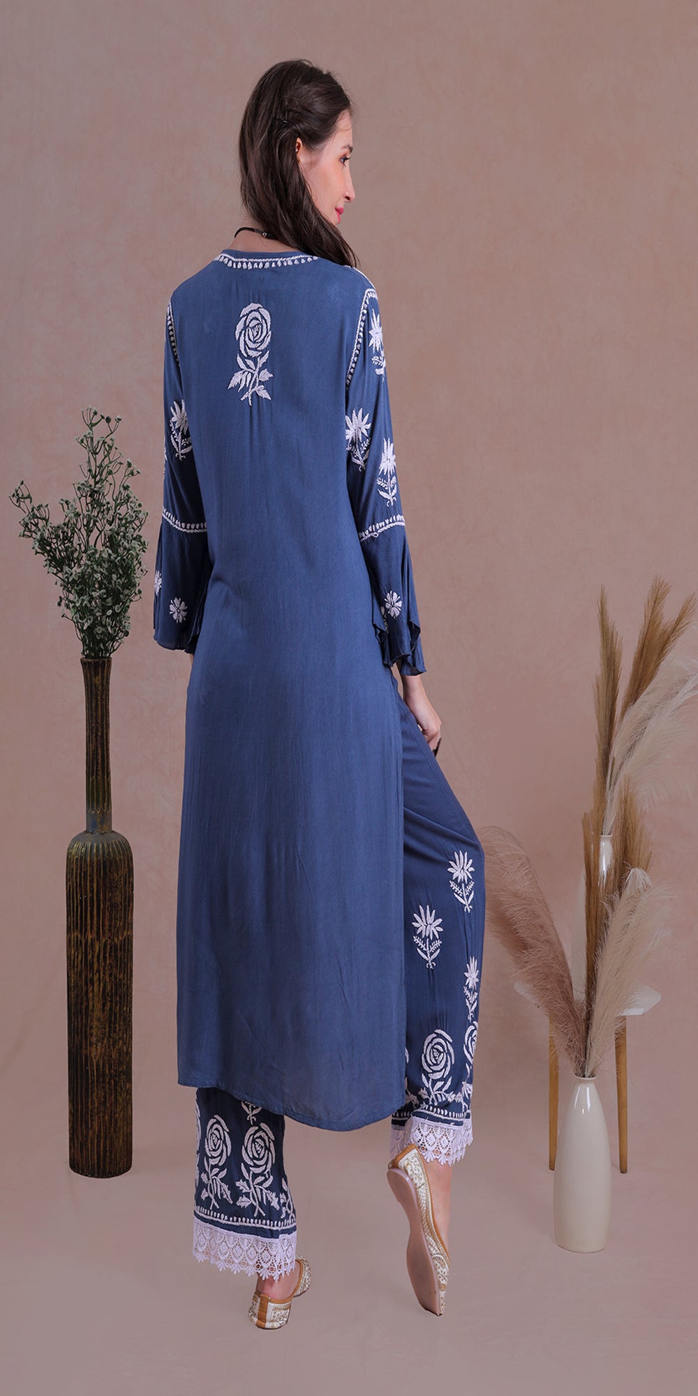 Electric blue rose motif Chikankari kurta set