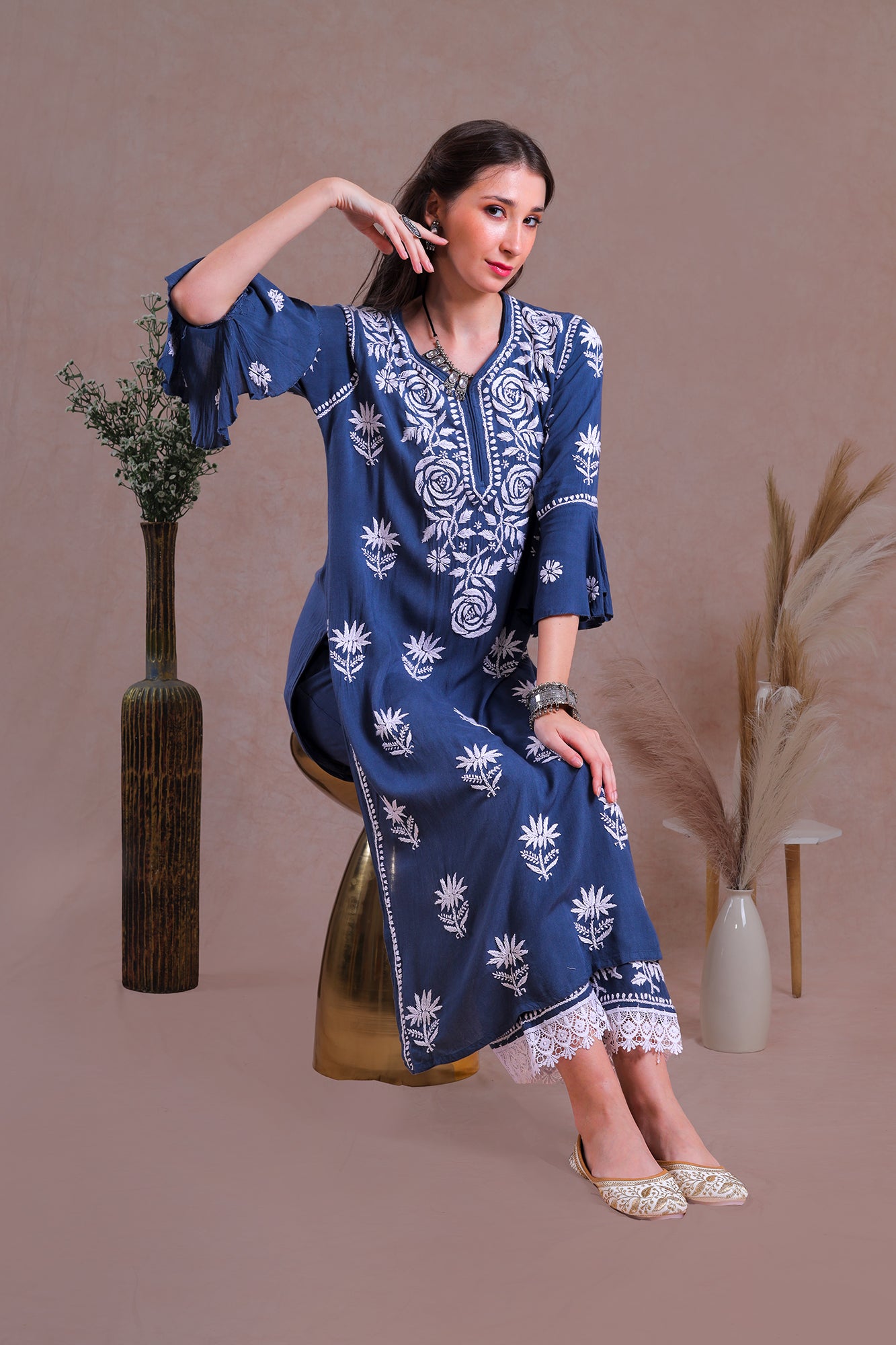 Electric blue rose motif Chikankari kurta set