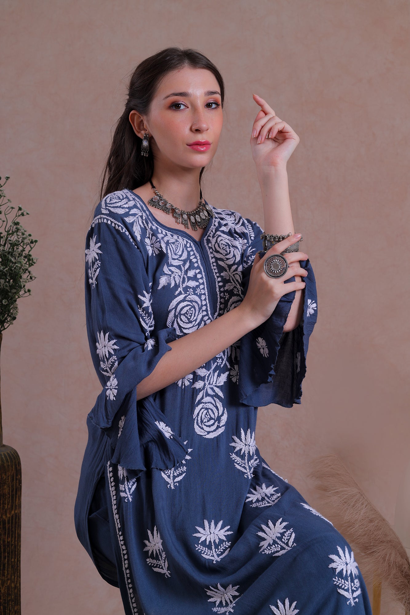 Electric blue rose motif Chikankari kurta set