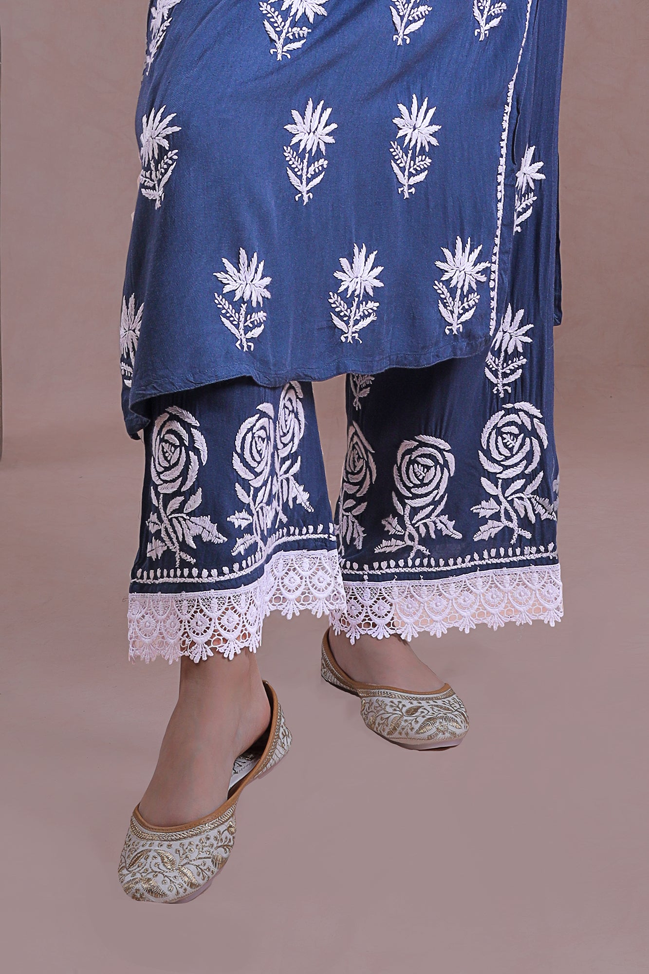 Electric blue rose motif Chikankari kurta set