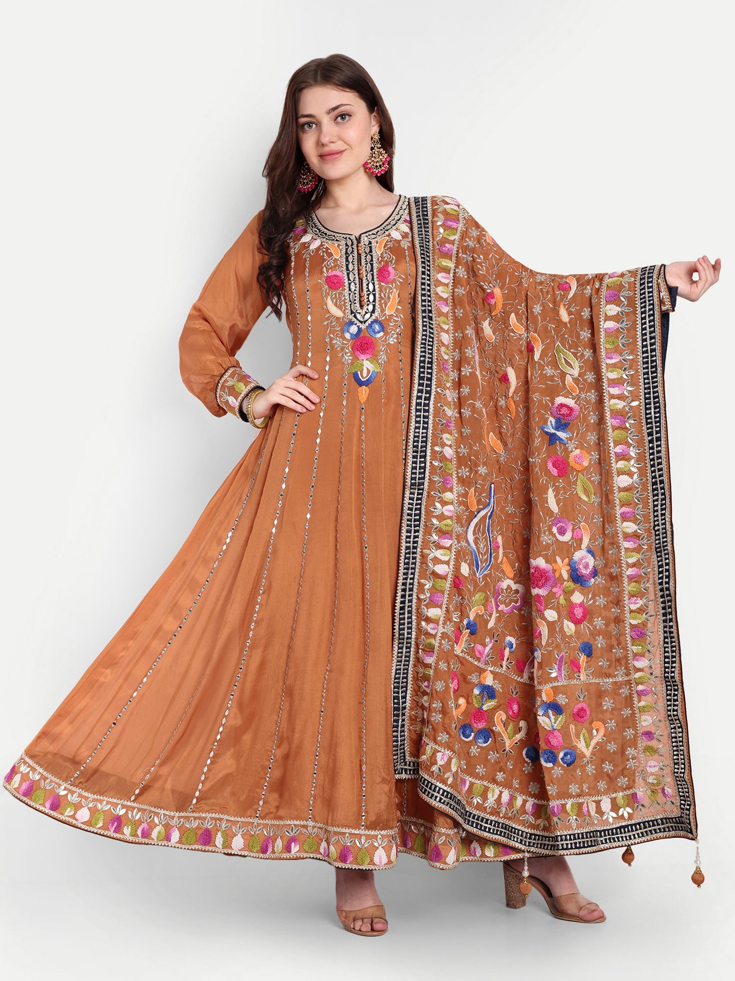 Stunning Brown Anarkali Frock with Matching Embroidery Dupatta