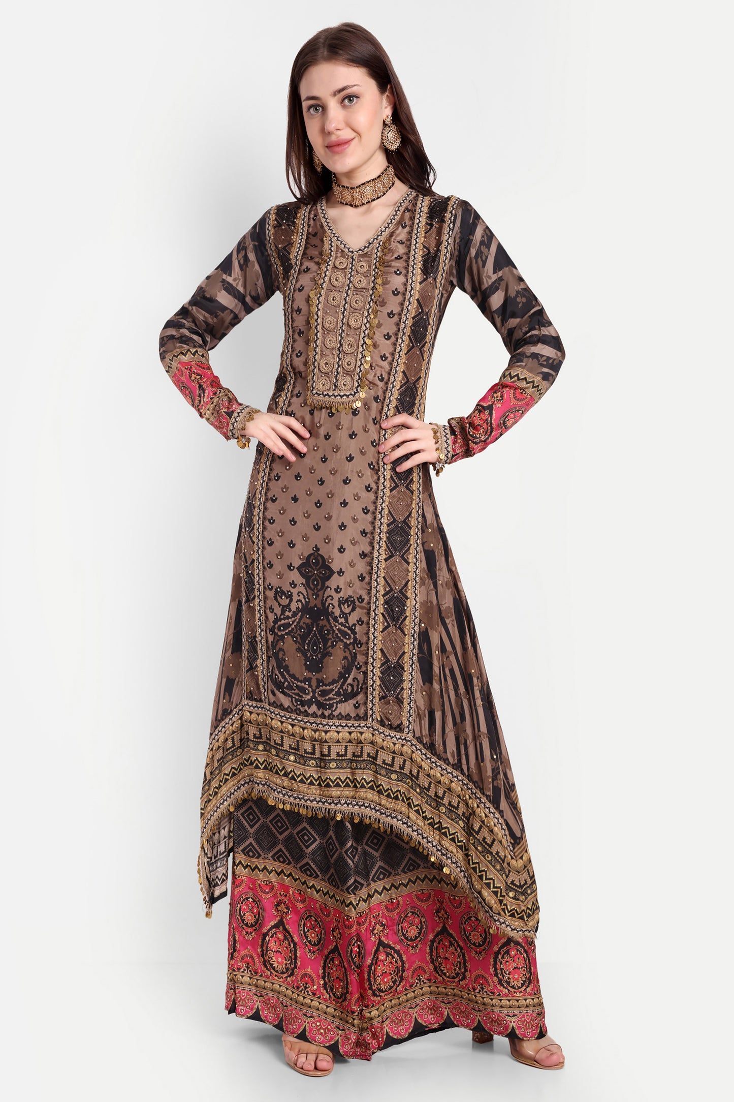 Black And Brown Kurta Set With Potli Bag