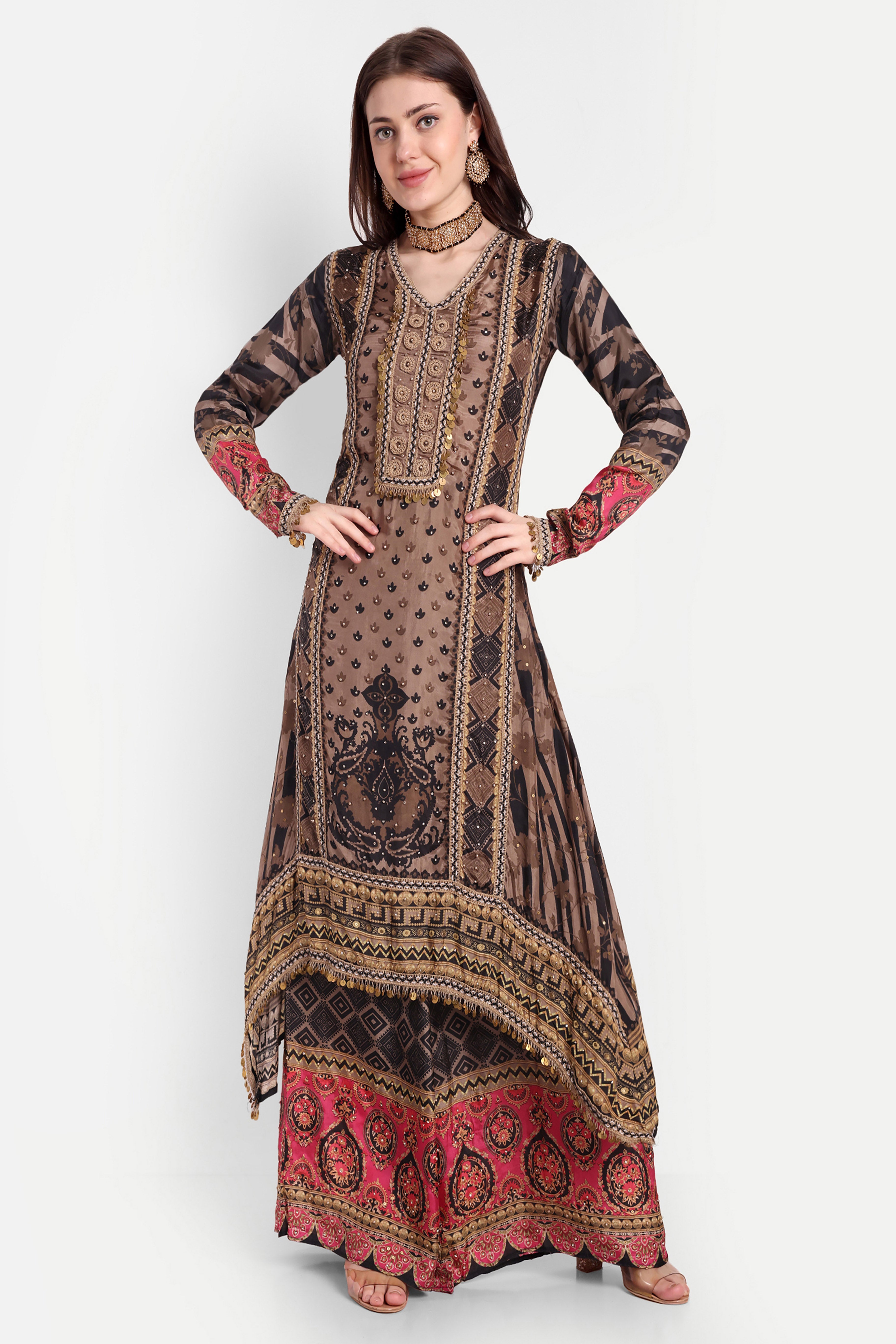 Black And Brown Kurta Set With Potli Bag