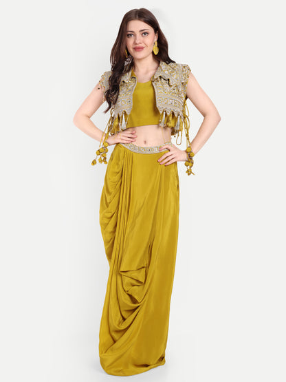 Mustard top with a matching cropped Jacket with cut work and tassels