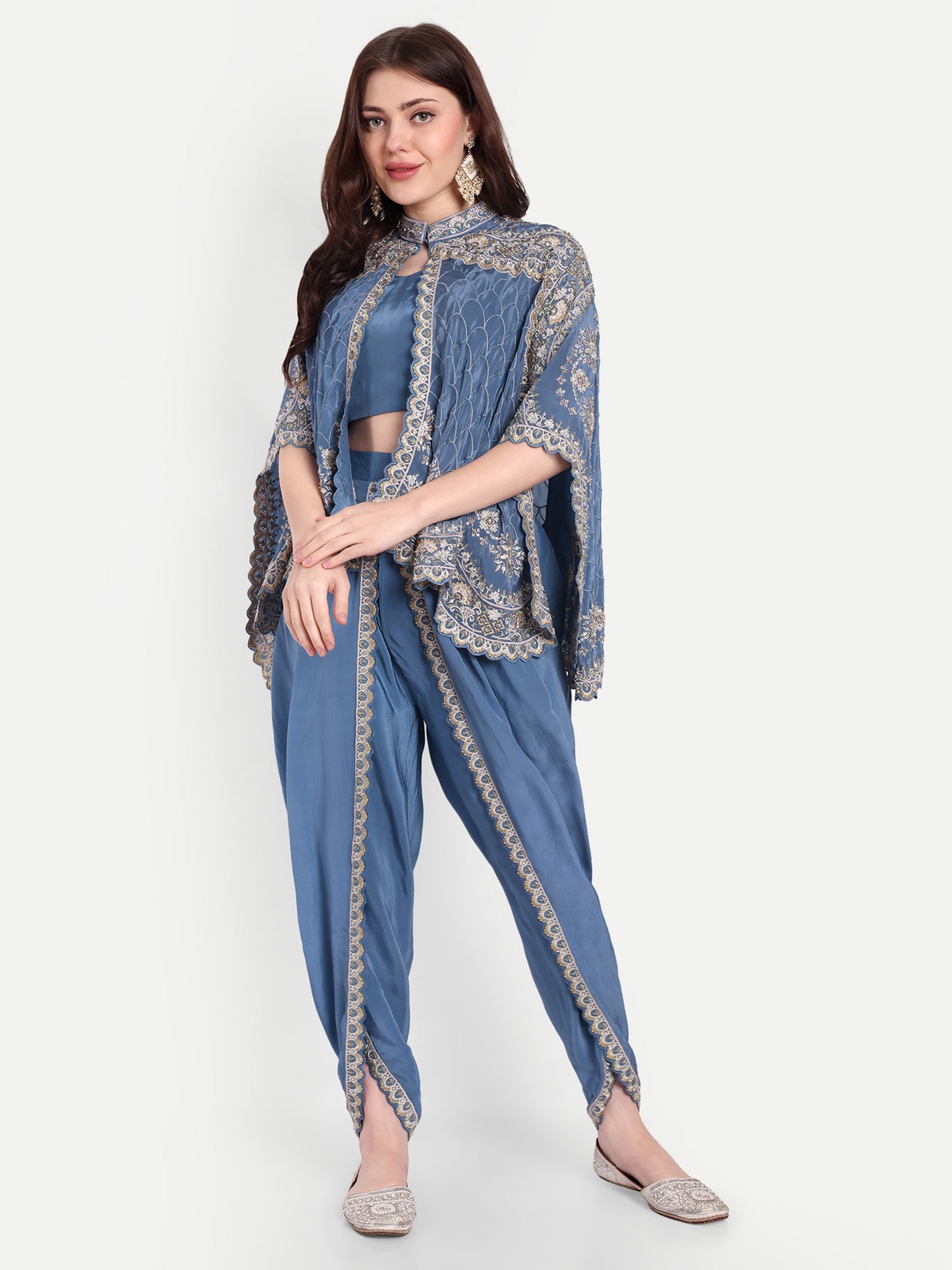 Fashion-Forward Blue Dhoti with Blouse & Cape Jacket Stone Work