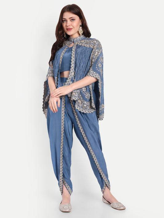 Fashion-Forward Blue Dhoti with Blouse & Cape Jacket Stone Work