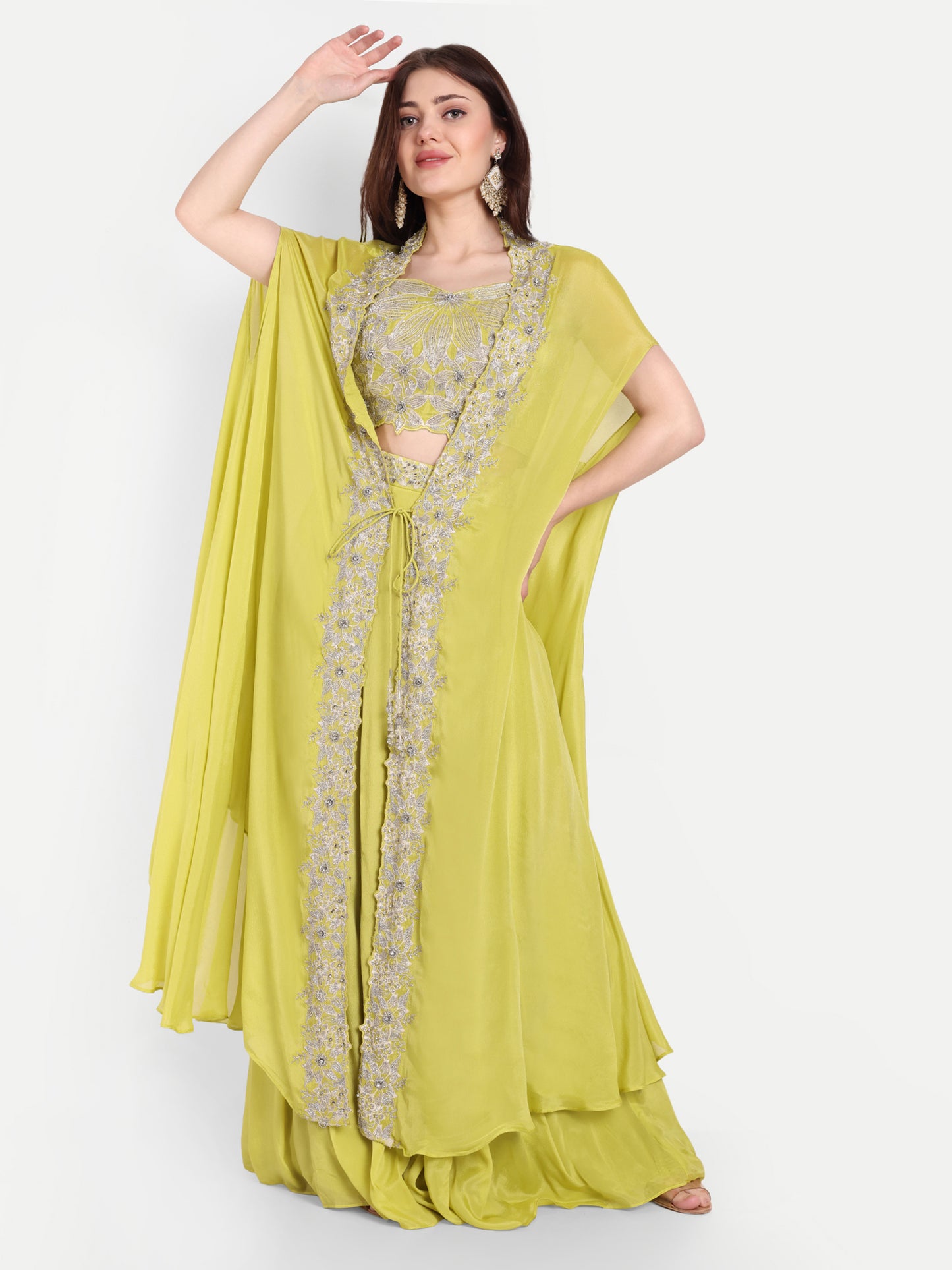 Stylish Neon Green Plazo Set with Mirror Work Blouse & Cape Jacket