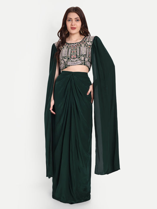 Stylish Green Embroidered Blouse & Dhoti Pant Set