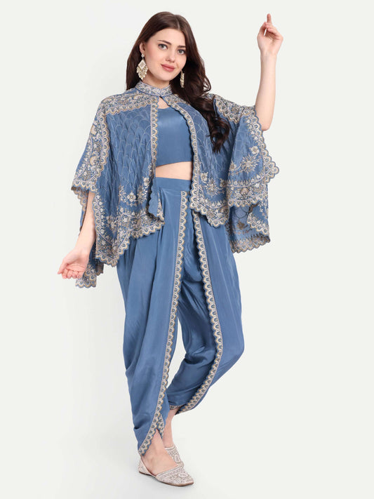 blue color hand-embroidered cape and dhoti set