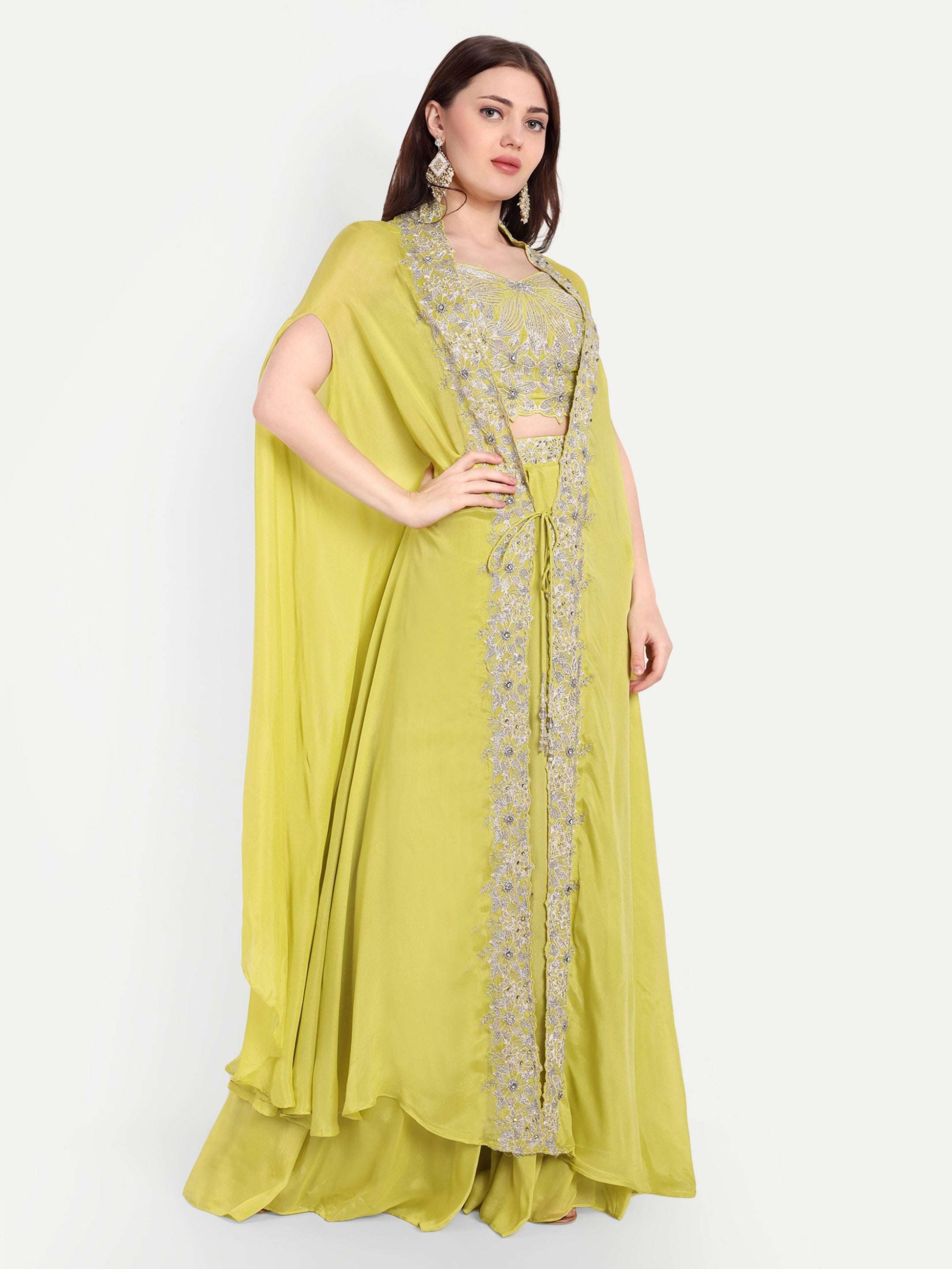 cape is designed with mirror work with a touch of traditional elegance