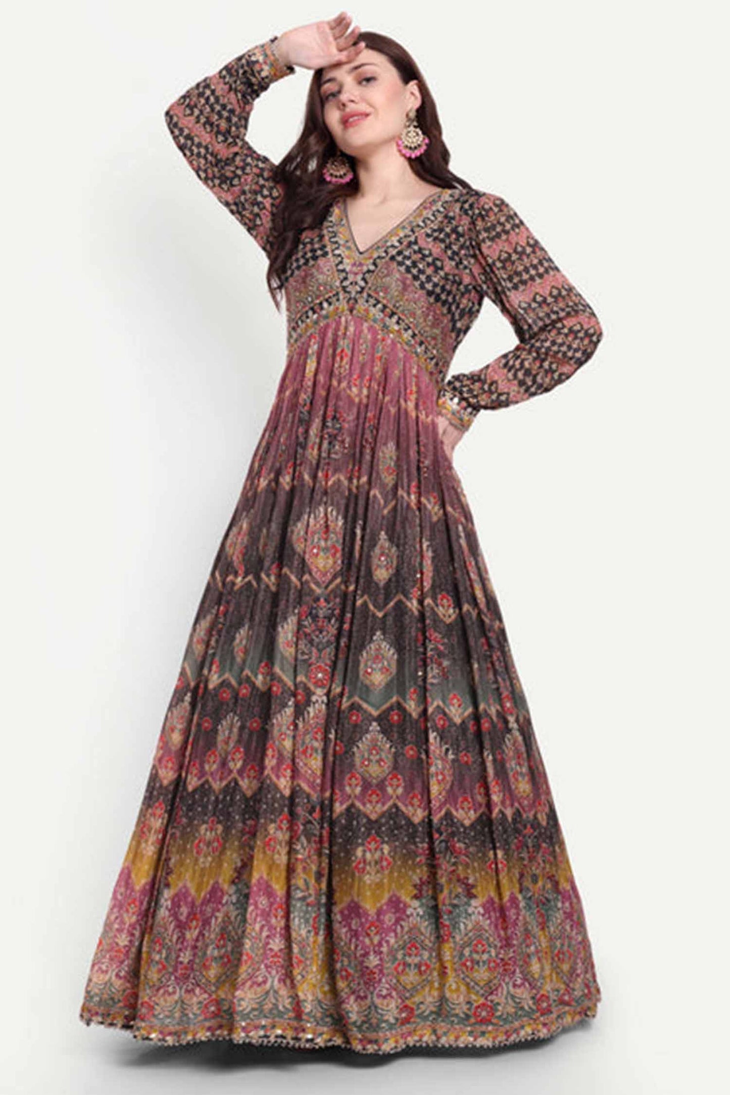 Black Full Sleeves Heavy Flared  Gown