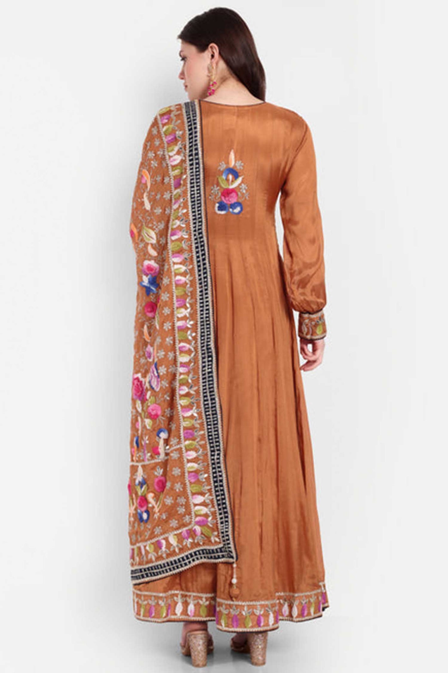 Rust Orange Embroidered Anarkali With Dupatta