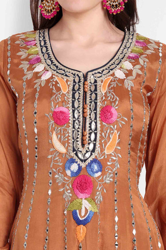 Rust Orange Embroidered Anarkali With Dupatta