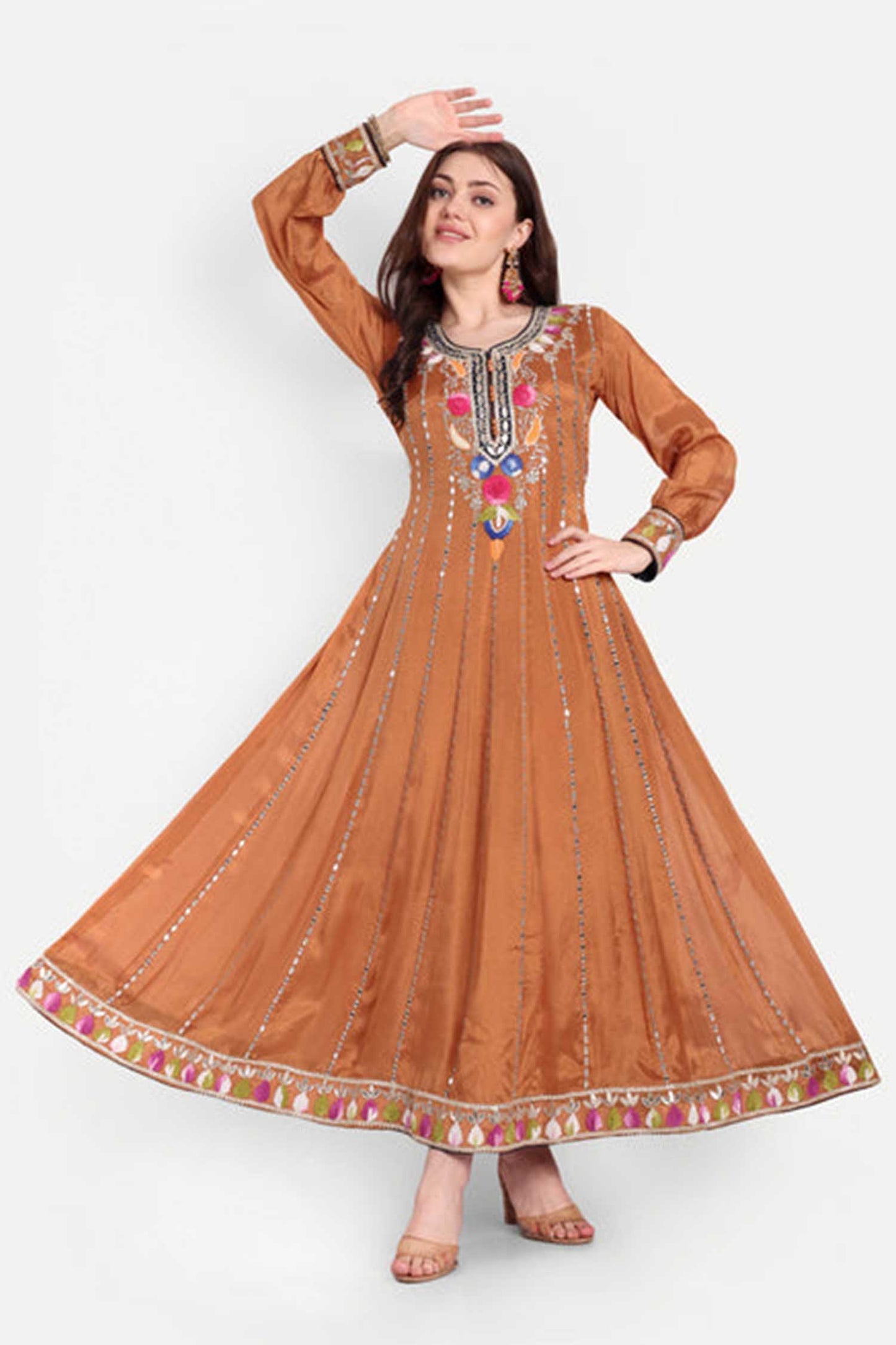 Rust Orange Embroidered Anarkali With Dupatta