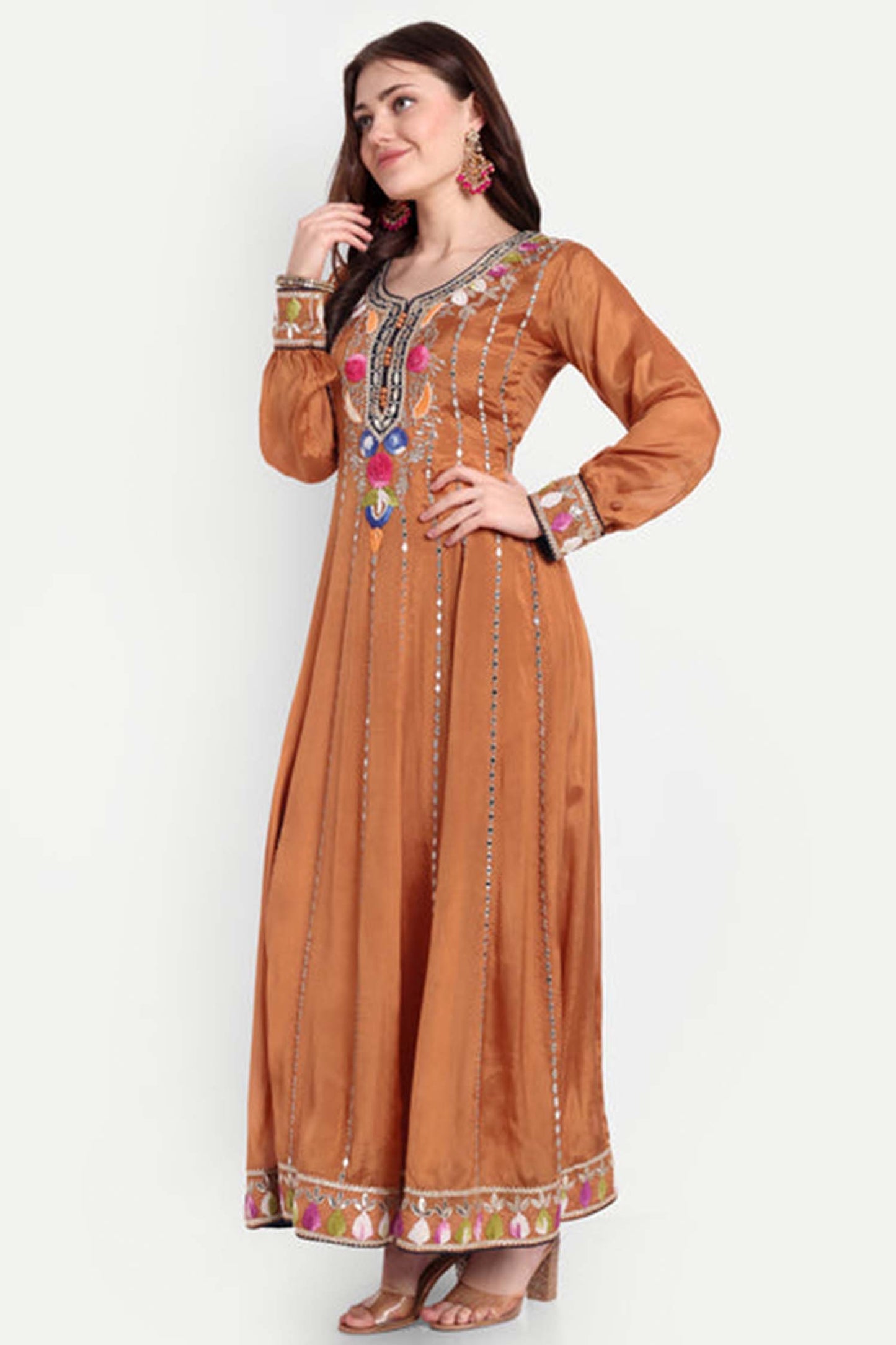 Rust Orange Embroidered Anarkali With Dupatta