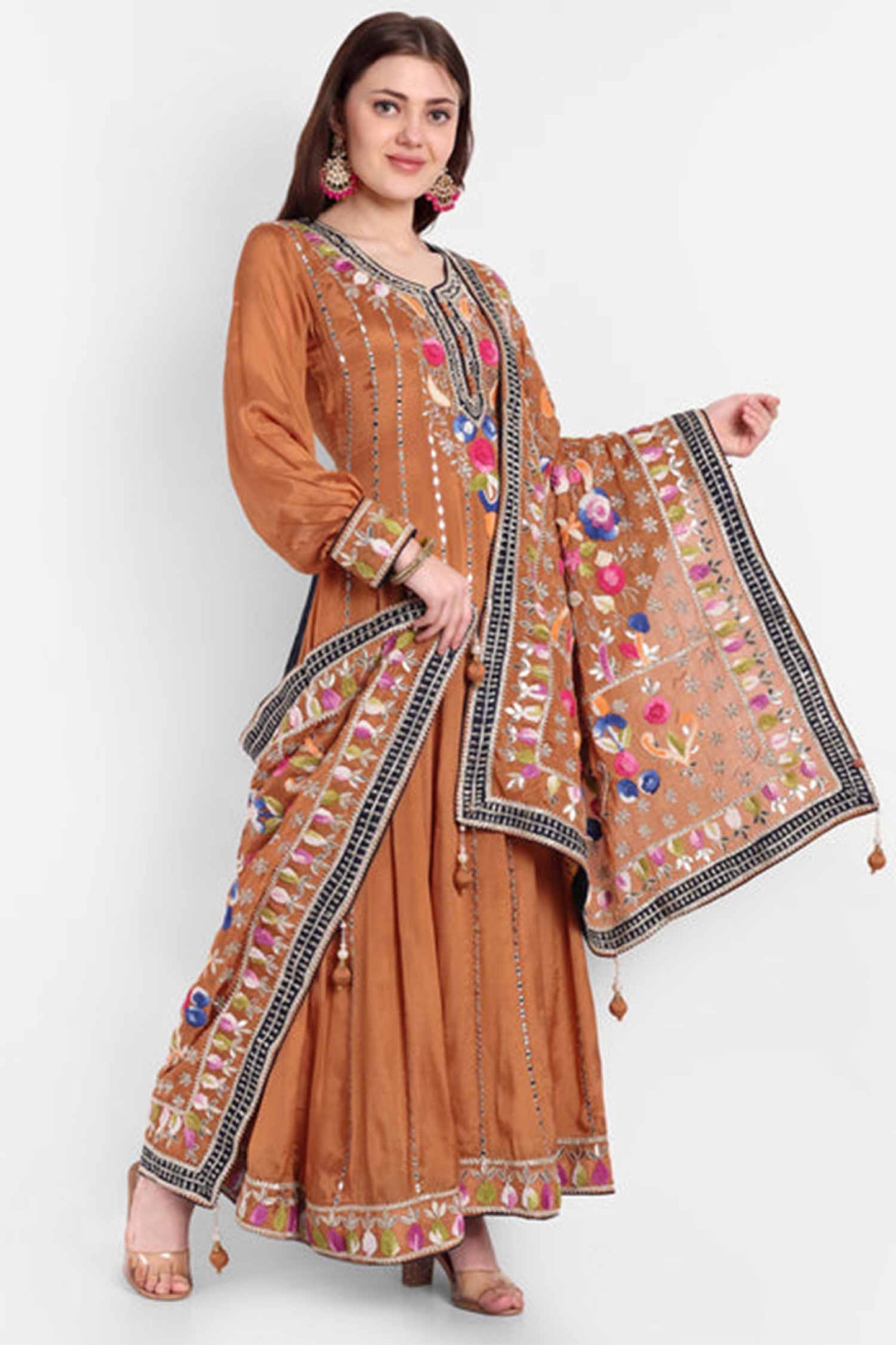 Rust Orange Embroidered Anarkali With Dupatta