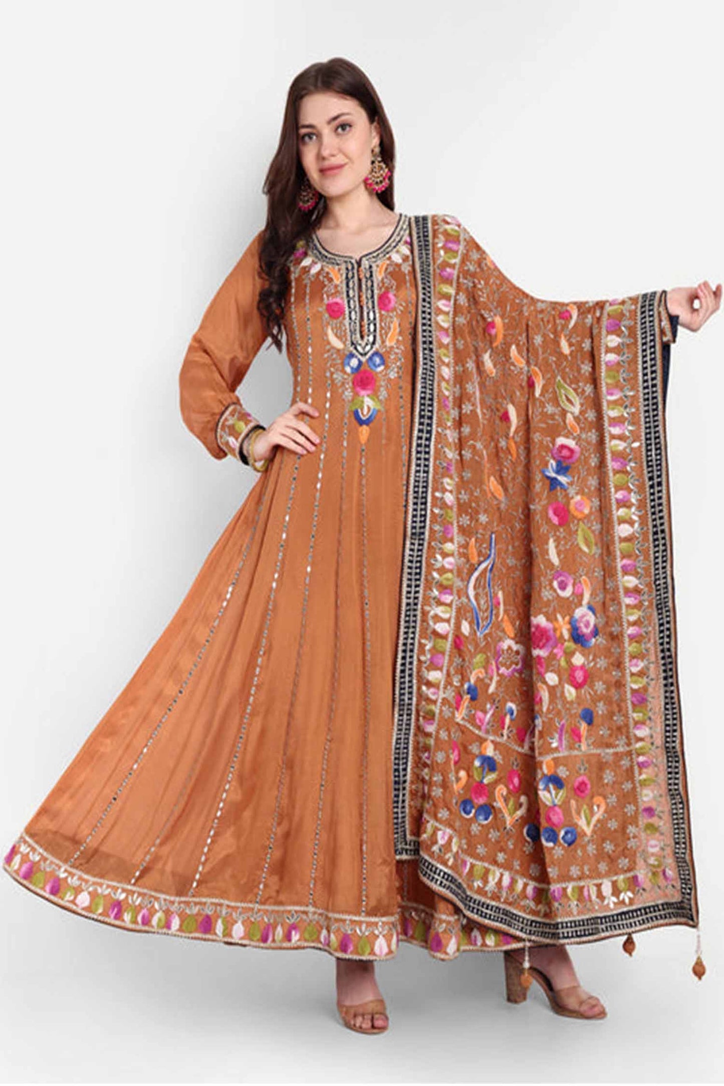 Rust Orange Embroidered Anarkali With Dupatta