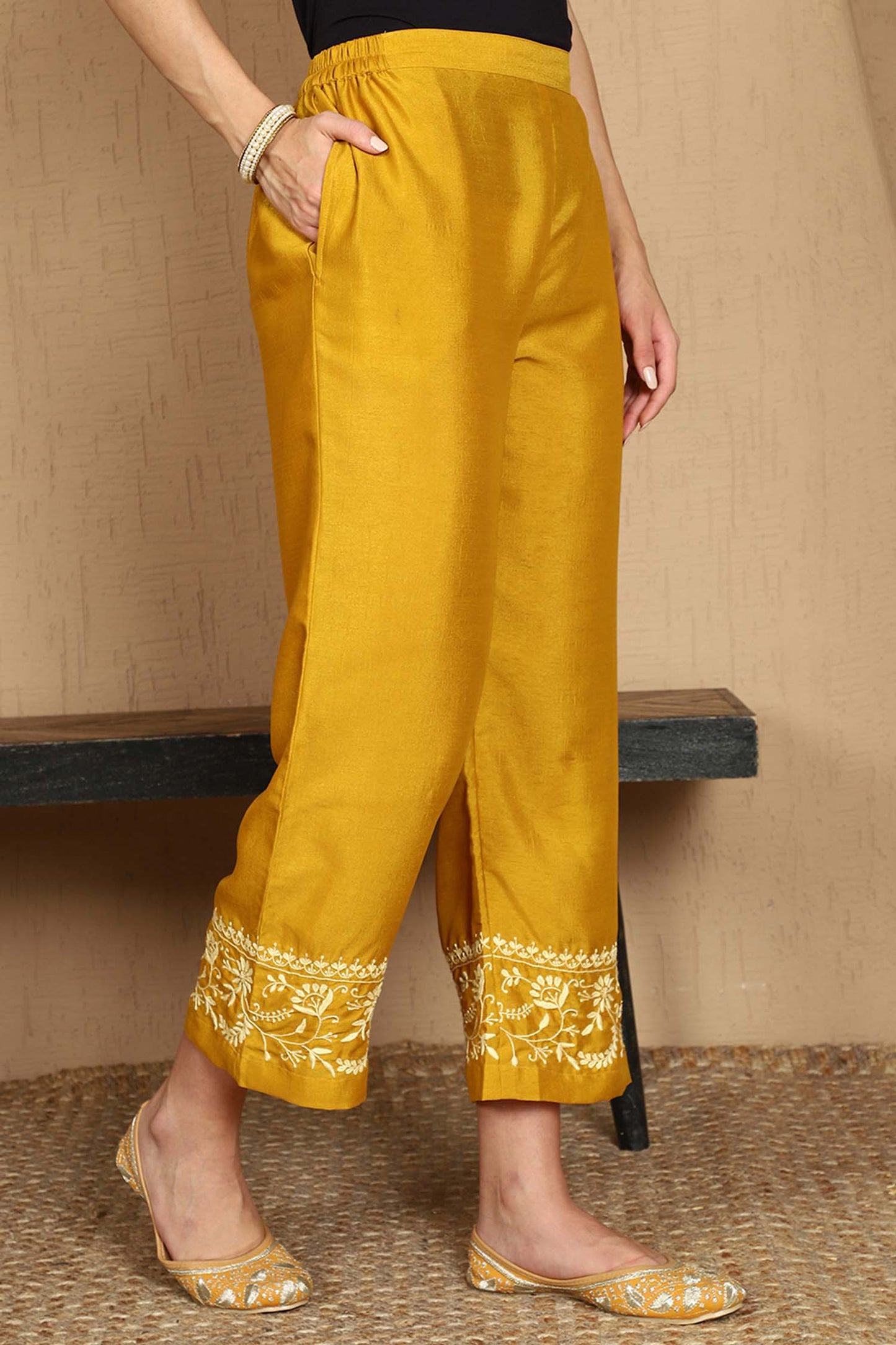 Janhvi Yellow Chikankari Kurta Set with Butter Yellow Border – Notch Neck
