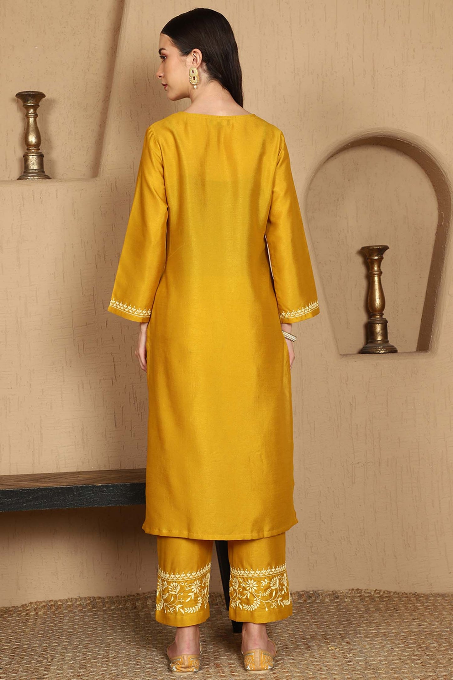 Janhvi Yellow Chikankari Kurta Set with Butter Yellow Border – Notch Neck