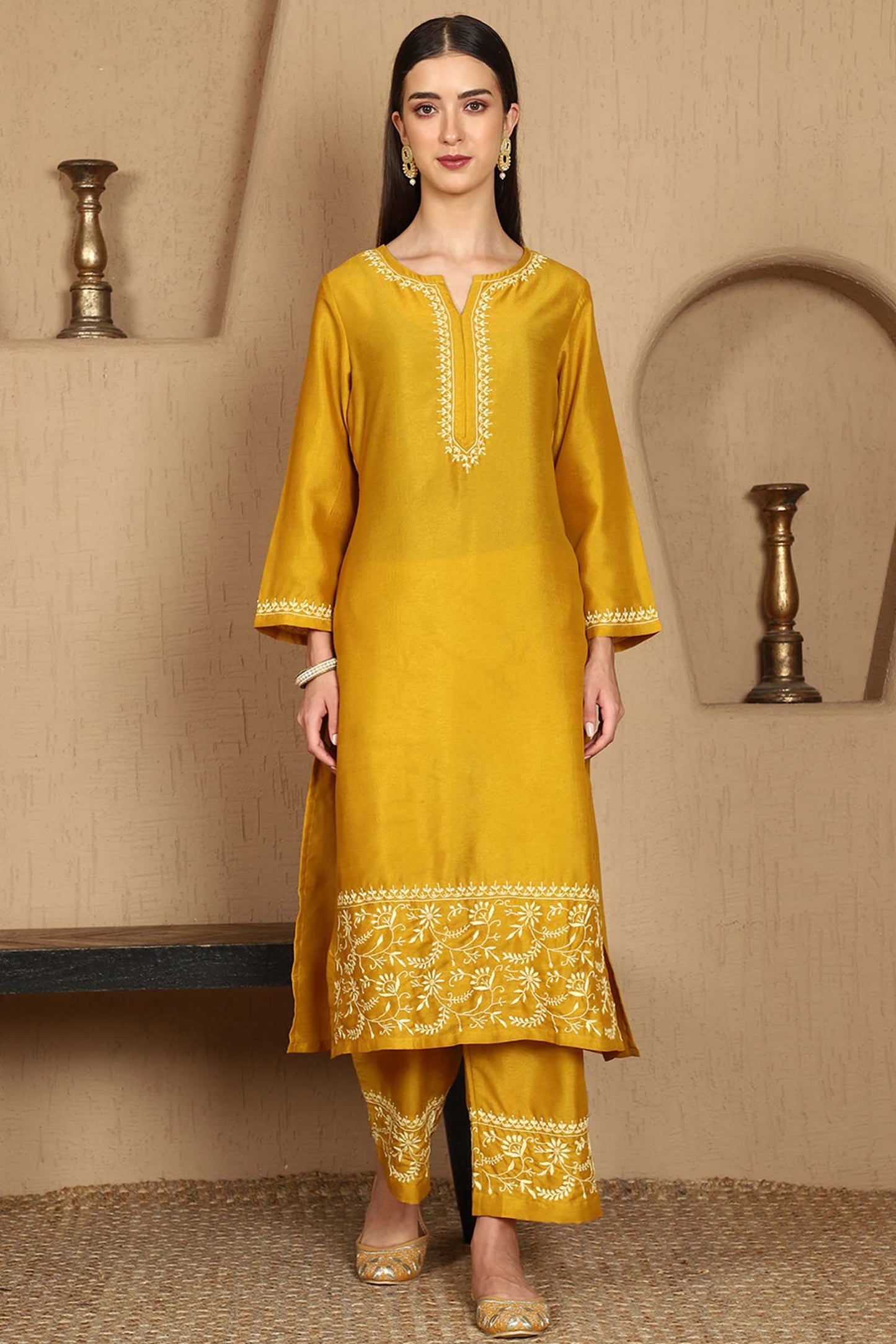 Janhvi Yellow Chikankari Kurta Set with Butter Yellow Border – Notch Neck