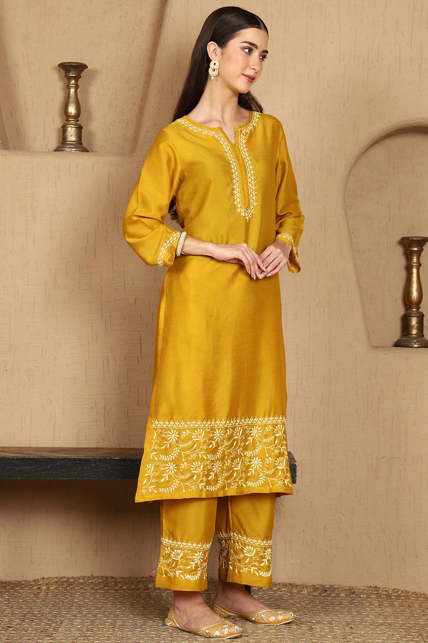 Janhvi Yellow Chikankari Kurta Set with Butter Yellow Border – Notch Neck