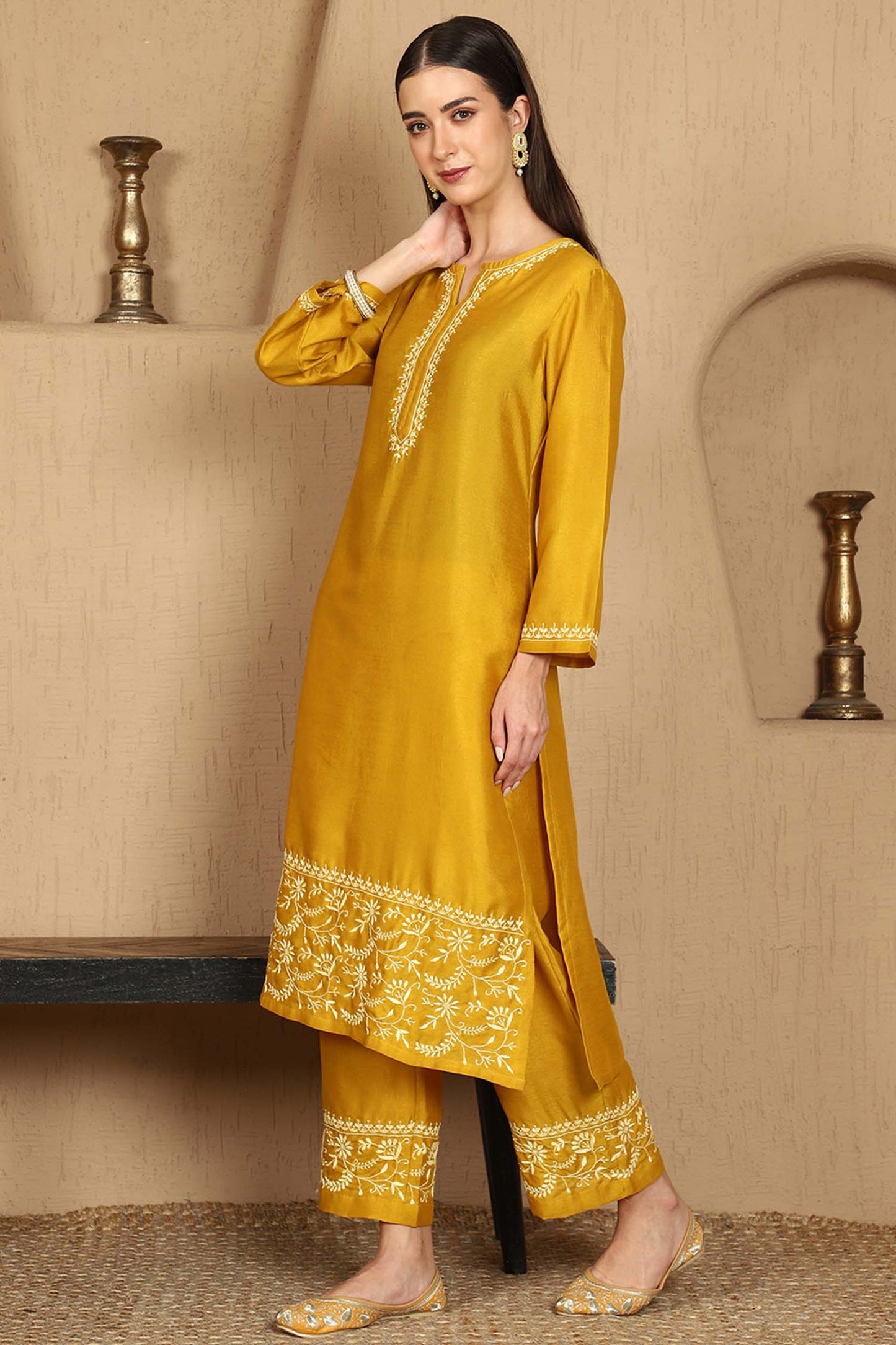 Janhvi Yellow Chikankari Kurta Set with Butter Yellow Border – Notch Neck