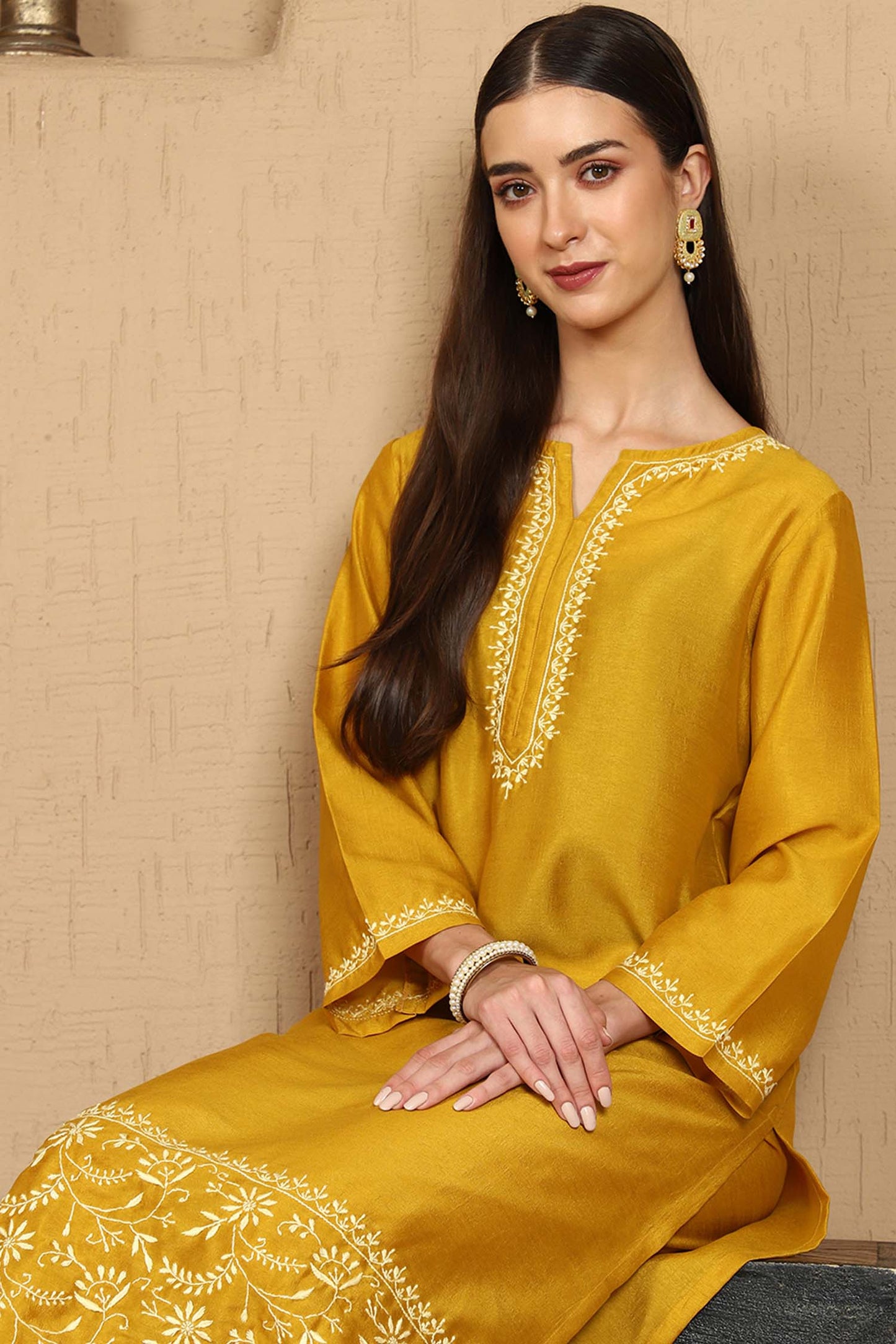 Janhvi Yellow Chikankari Kurta Set with Butter Yellow Border – Notch Neck