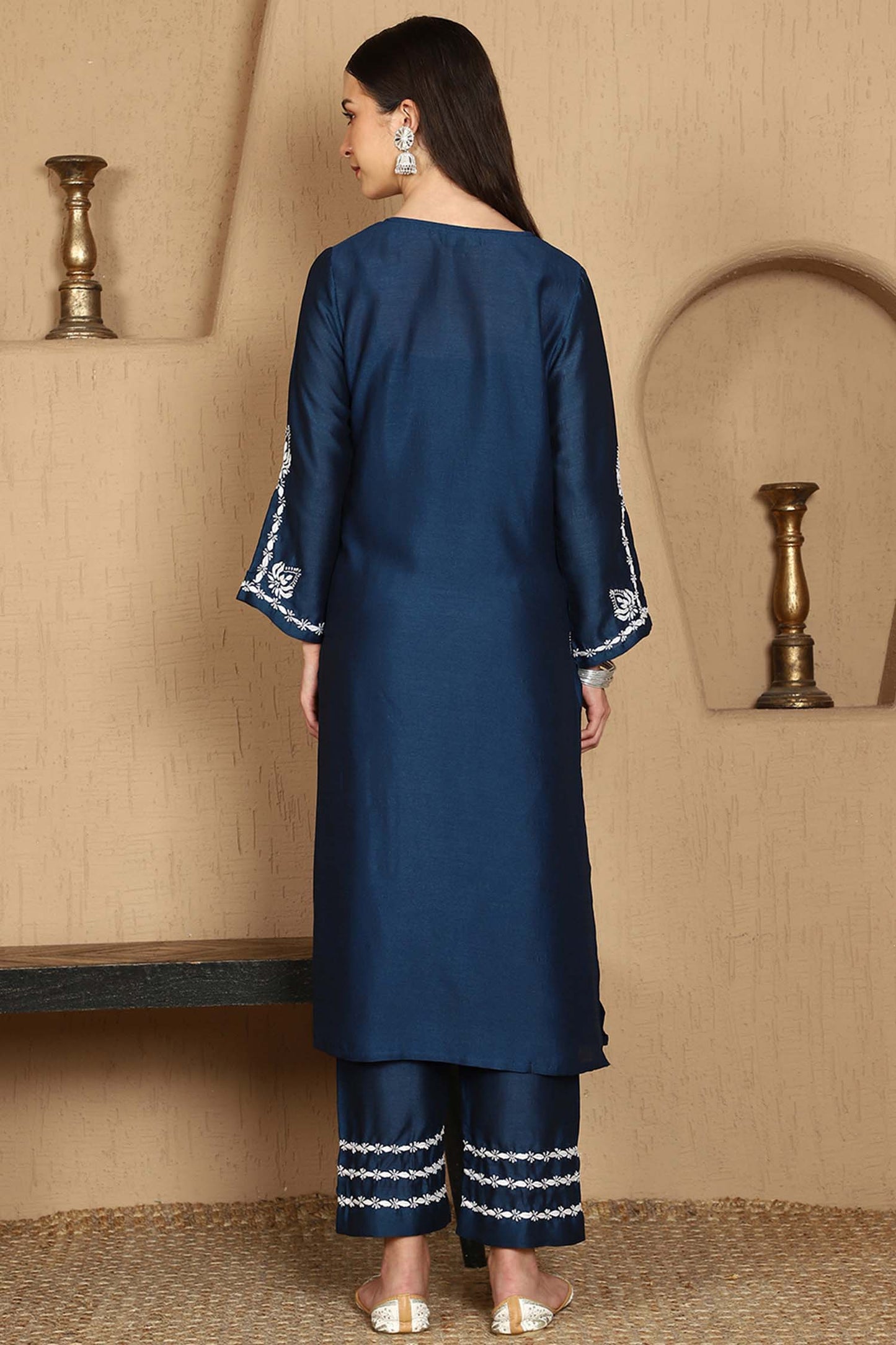 Kiara Blue Chikankari Kurta Set with White Thread – Notch Neck