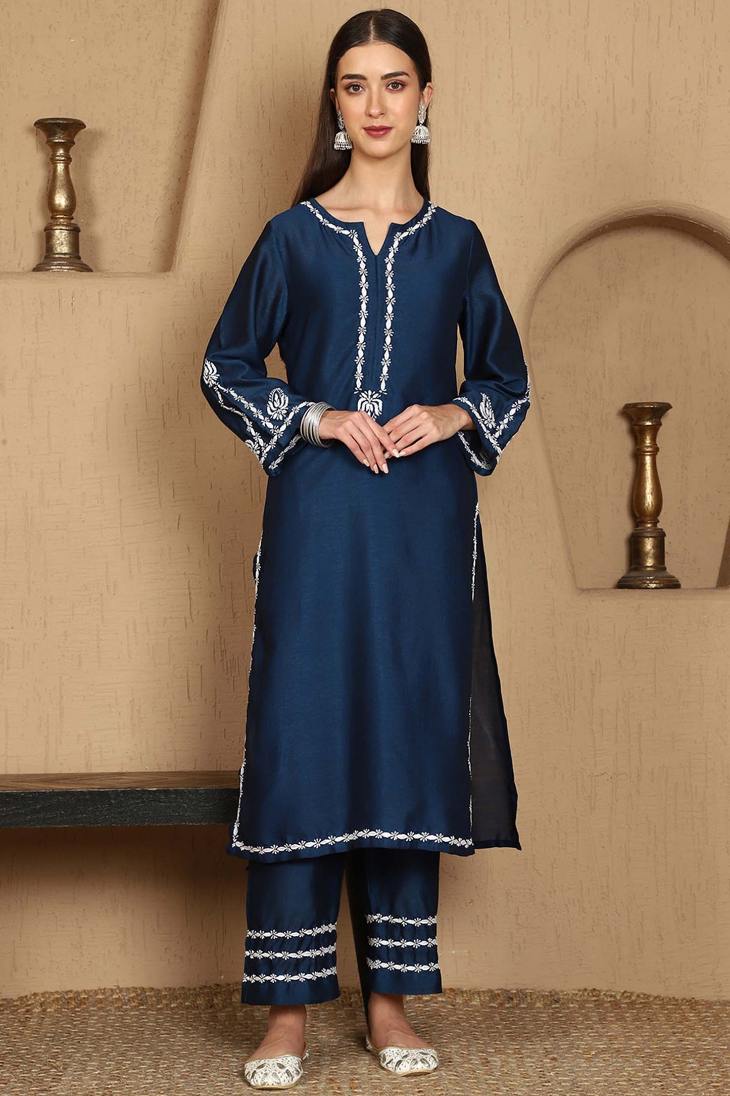 Kiara Blue Chikankari Kurta Set with White Thread – Notch Neck