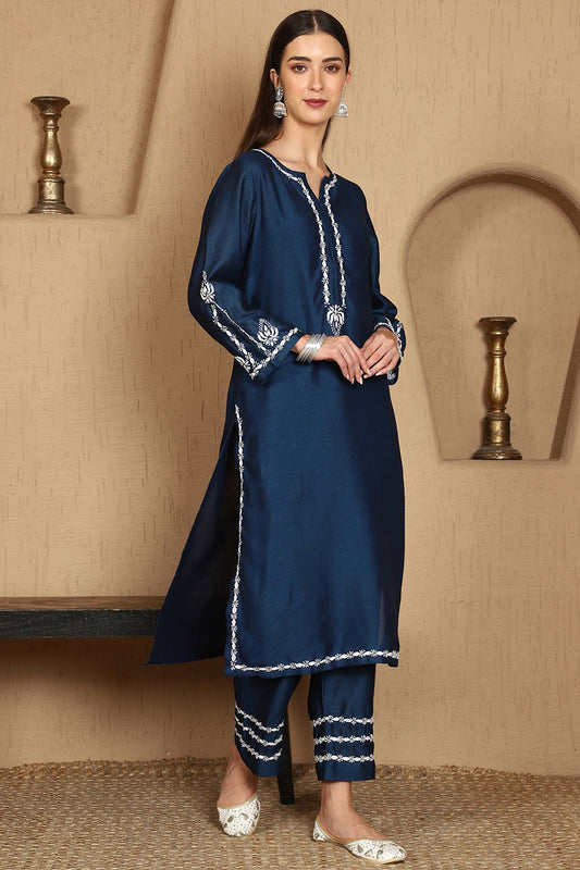 Kiara Blue Chikankari Kurta Set with White Thread – Notch Neck