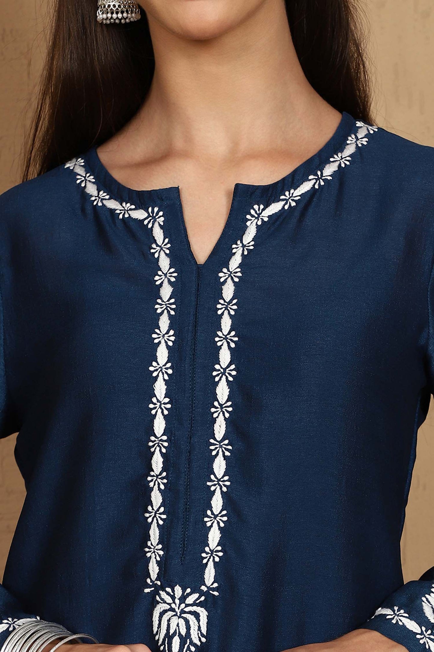 Kiara Blue Chikankari Kurta Set with White Thread – Notch Neck