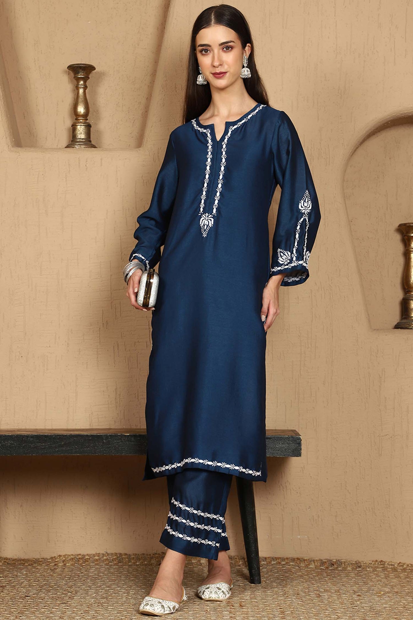 Kiara Blue Chikankari Kurta Set with White Thread – Notch Neck
