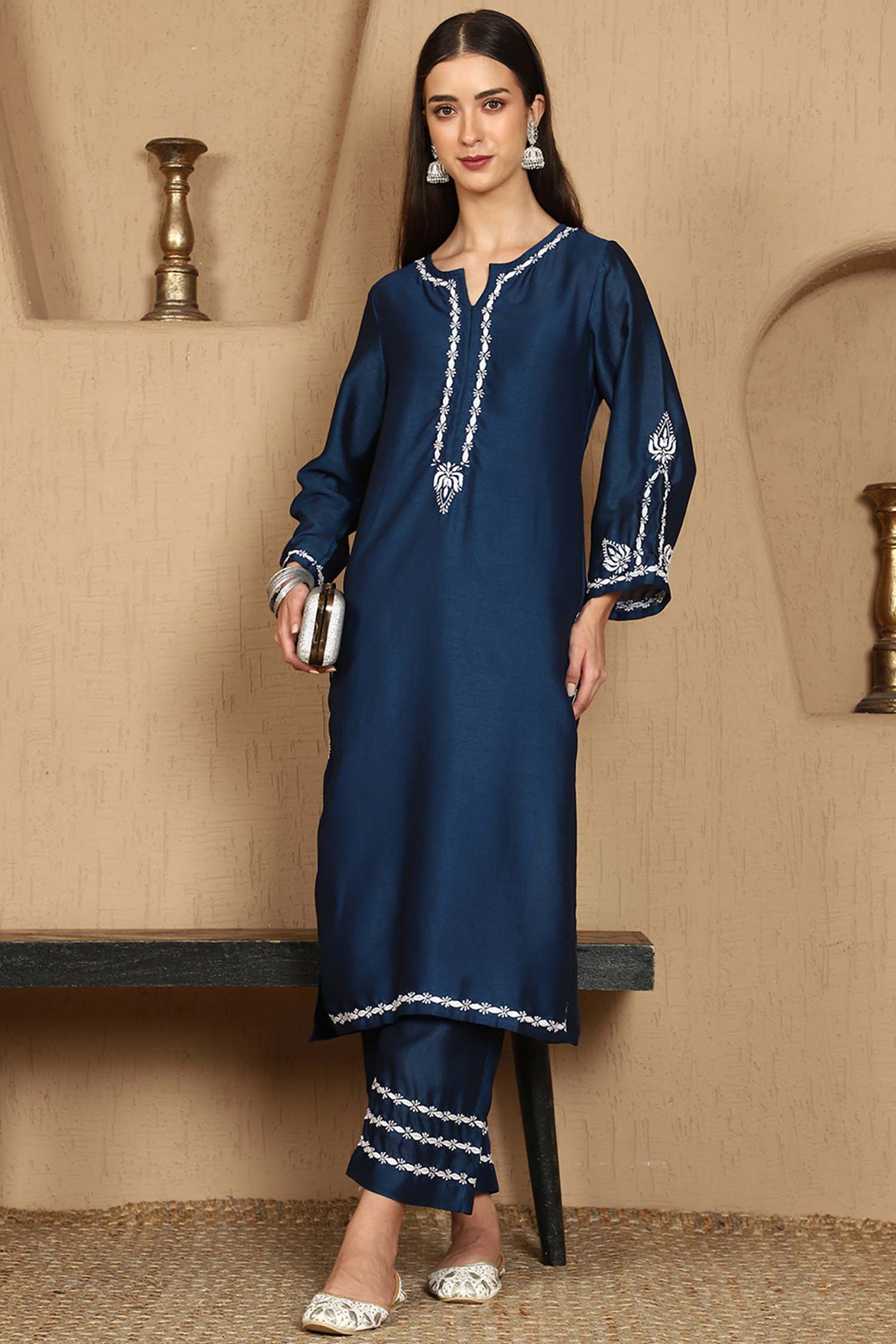 Kiara Blue Chikankari Kurta Set with White Thread – Notch Neck