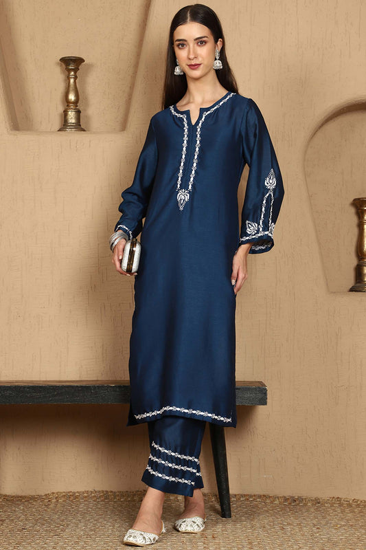 Kiara Blue Chikankari Kurta Set with White Thread – Notch Neck