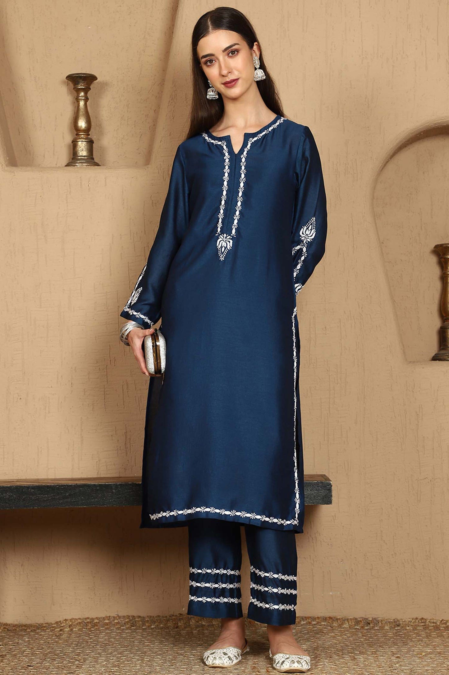 Kiara Blue Chikankari Kurta Set with White Thread – Notch Neck