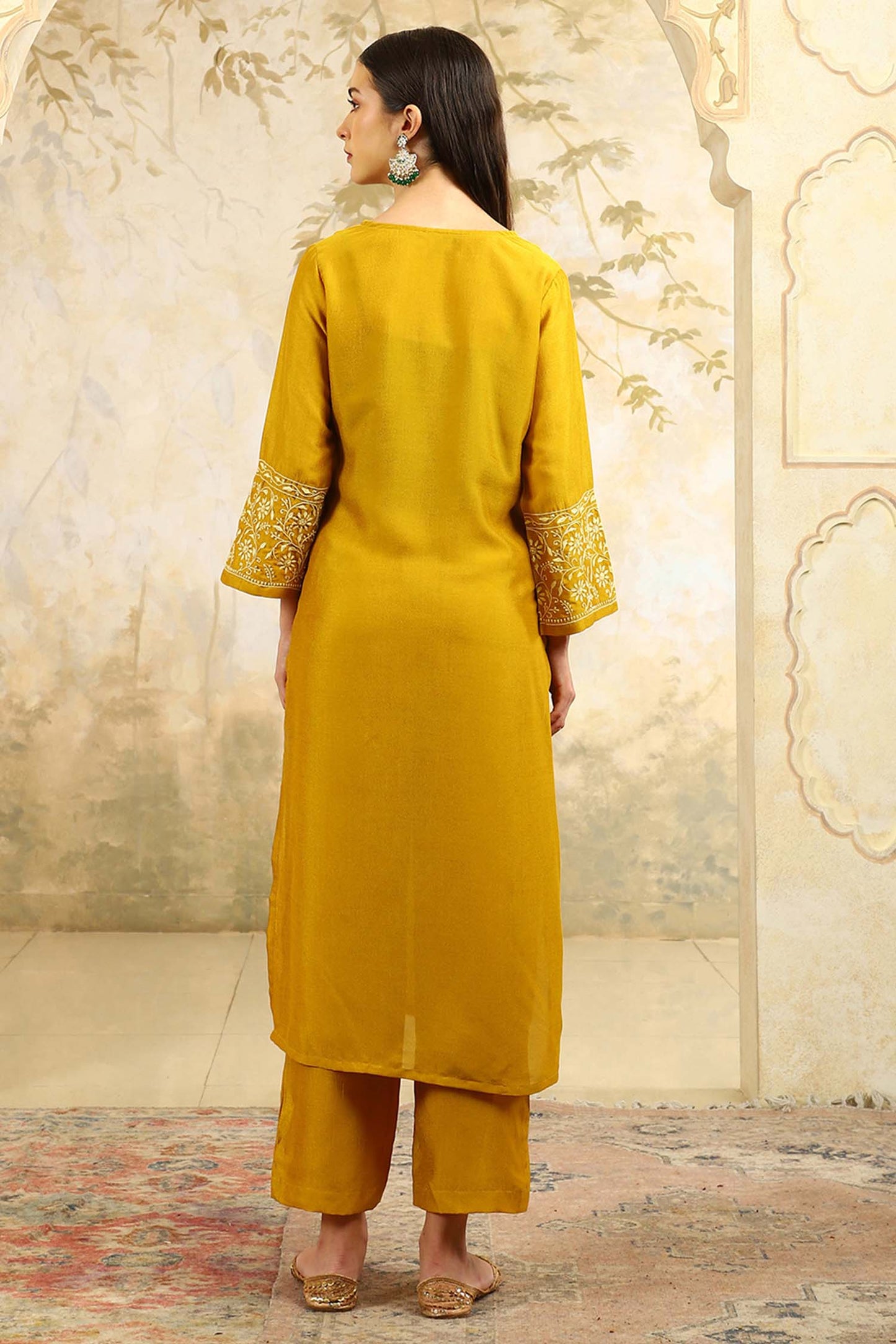 Yamini Yellow Chikankari Kurta Set with Butter Yellow Butta – V Neck