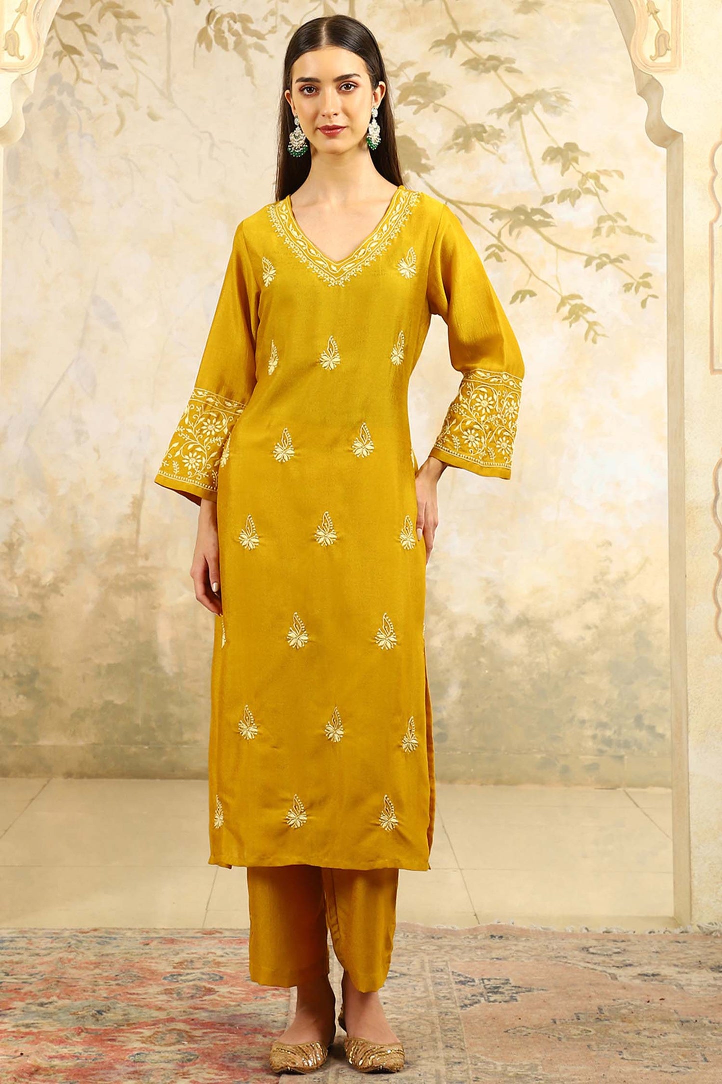 Yamini Yellow Chikankari Kurta Set with Butter Yellow Butta – V Neck