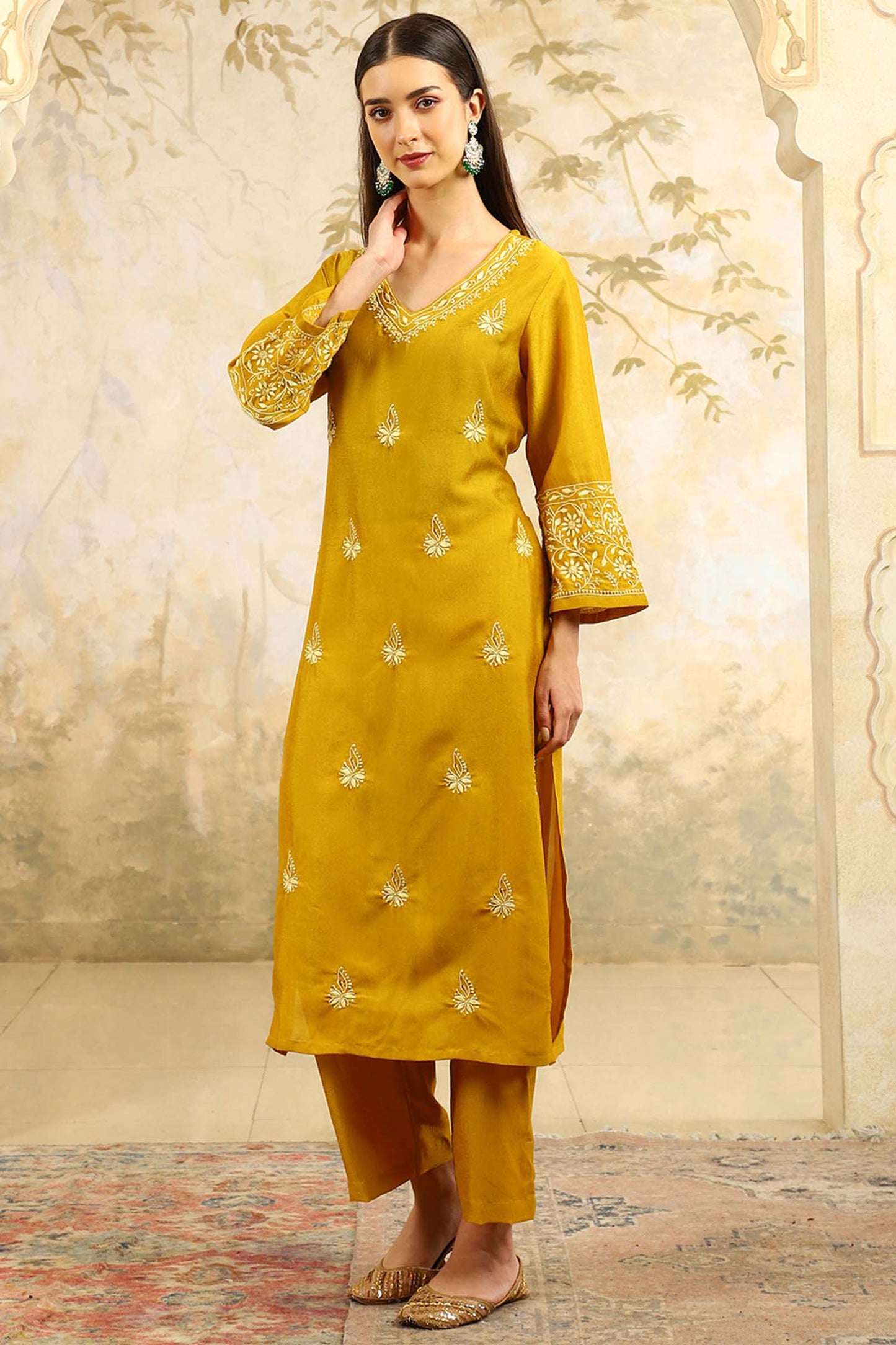 Yamini Yellow Chikankari Kurta Set with Butter Yellow Butta – V Neck