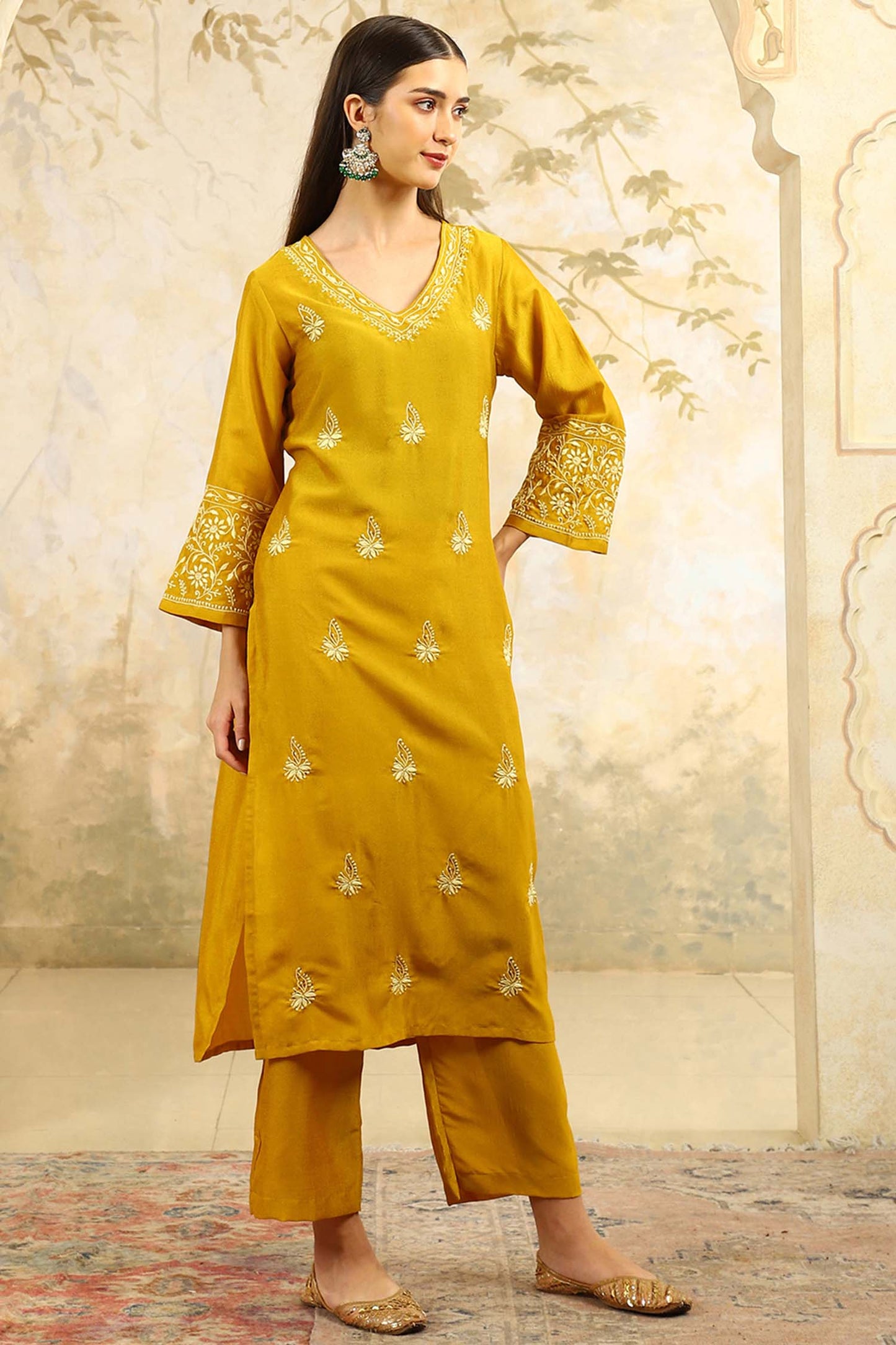 Yamini Yellow Chikankari Kurta Set with Butter Yellow Butta – V Neck