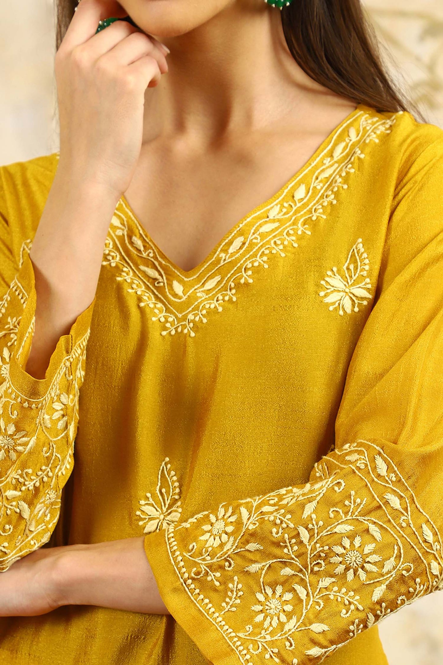Yamini Yellow Chikankari Kurta Set with Butter Yellow Butta – V Neck