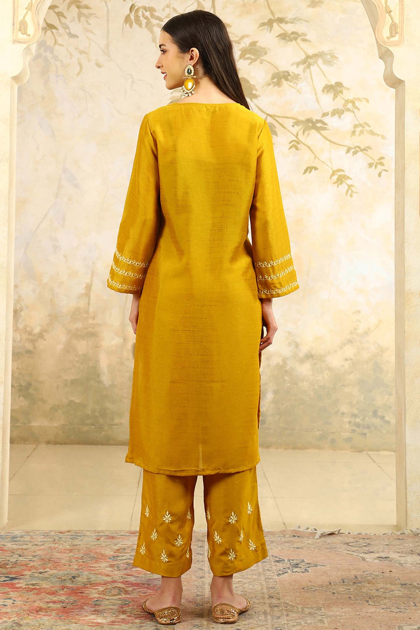 Ishani Yellow Chikankari Kurta Set with Butter Yellow Yoke – V Neck