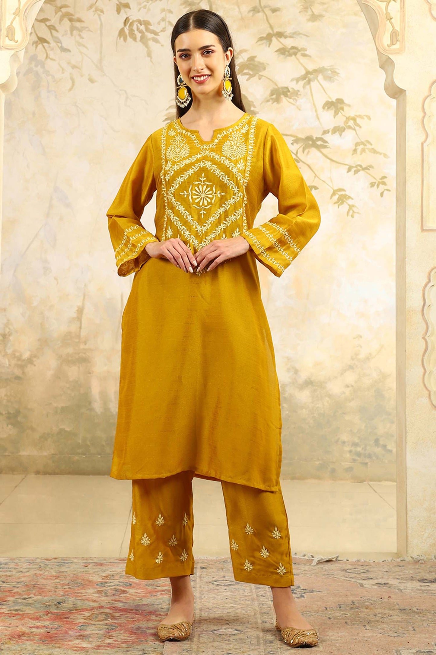 Ishani Yellow Chikankari Kurta Set with Butter Yellow Yoke – V Neck