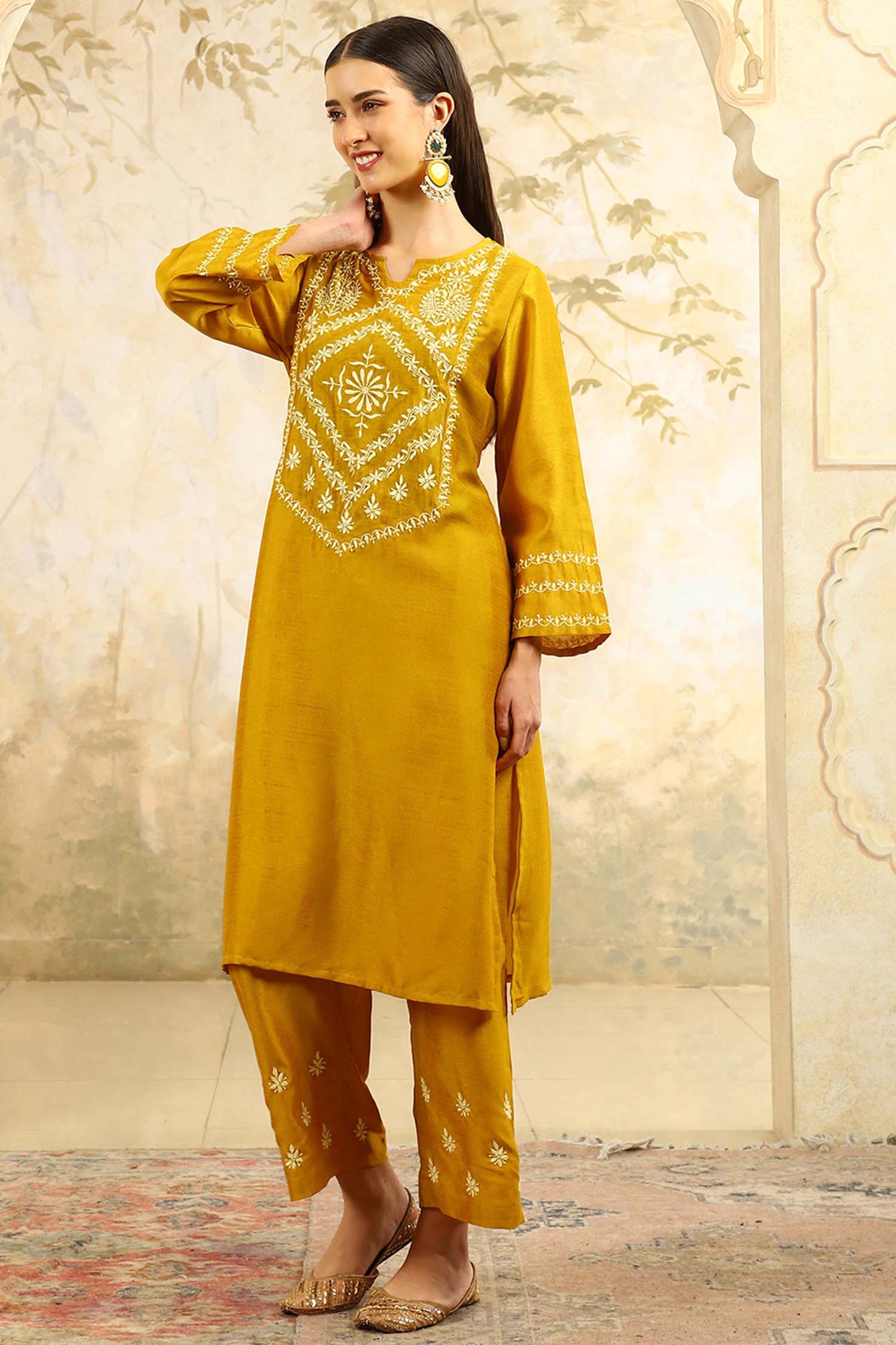 Ishani Yellow Chikankari Kurta Set with Butter Yellow Yoke – V Neck